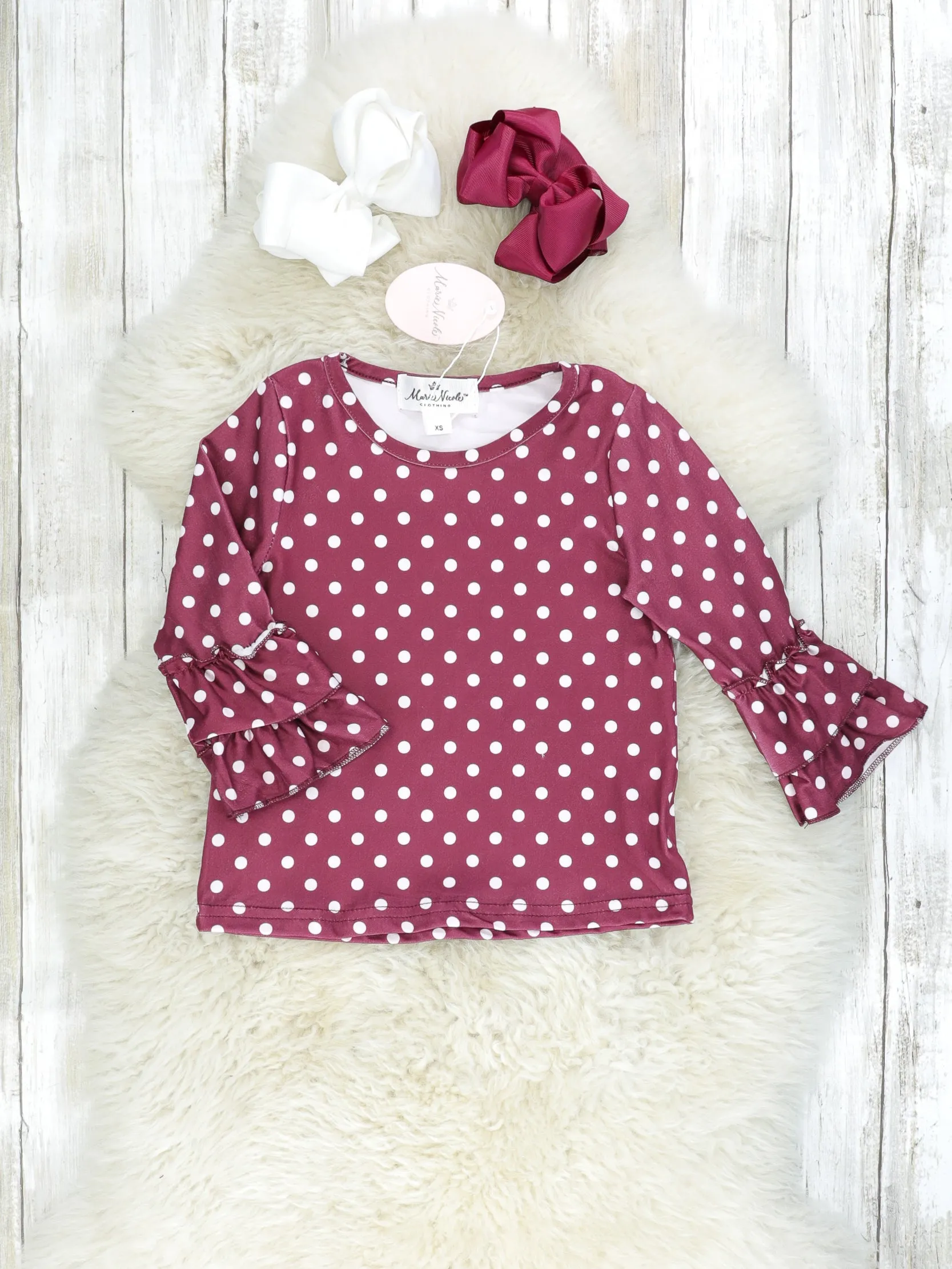 Maroon Polka Dot Ruffle Top & Distressed Denim Overall Outfit