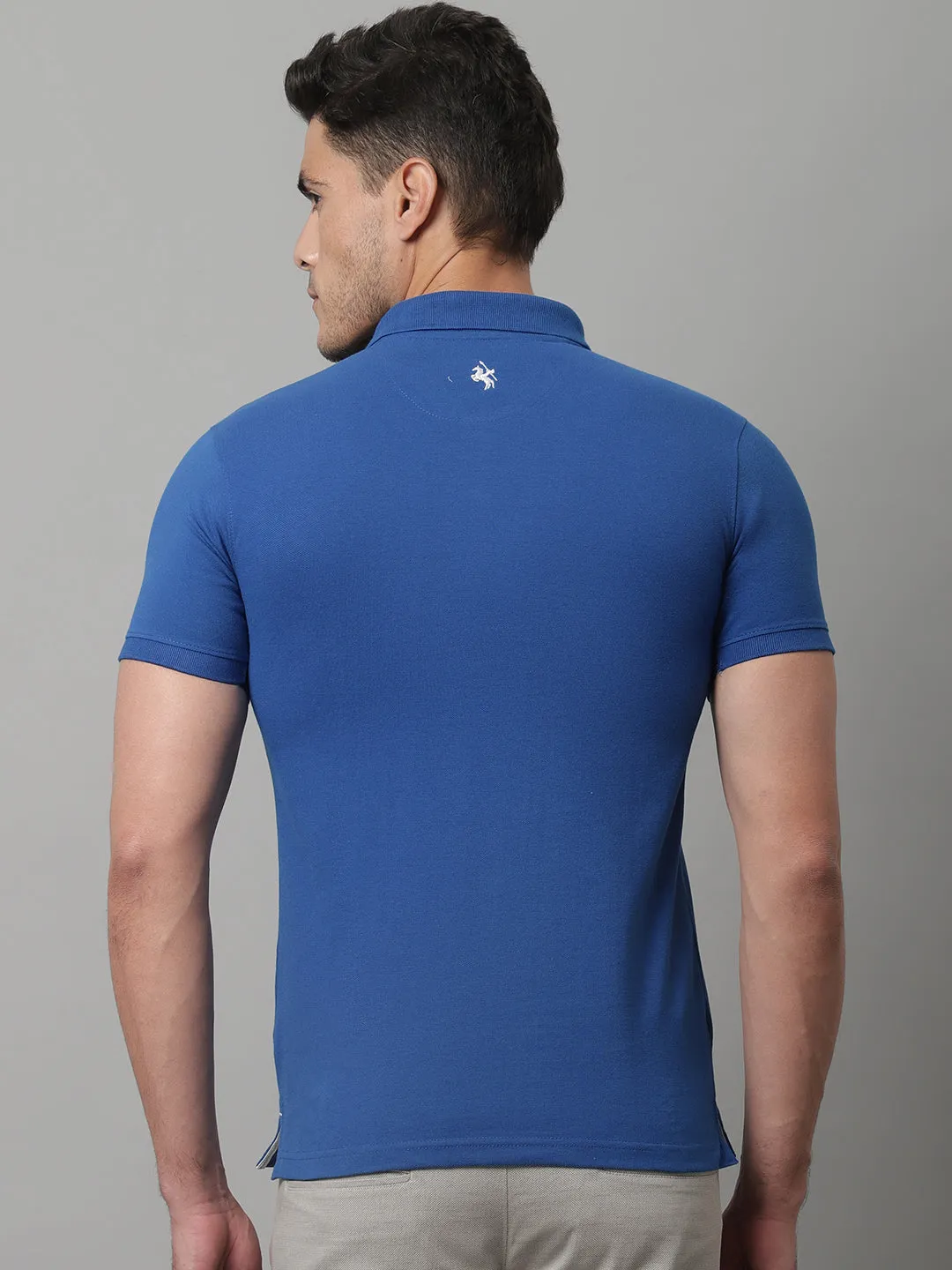 Men Royal Blue Casual Half Sleeves Polo Neck T-Shirt