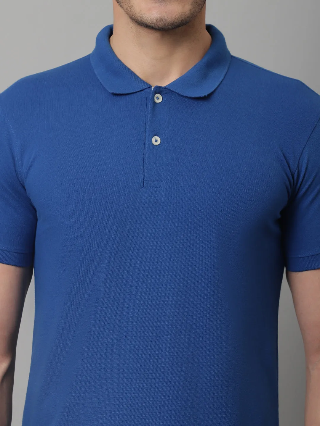 Men Royal Blue Casual Half Sleeves Polo Neck T-Shirt