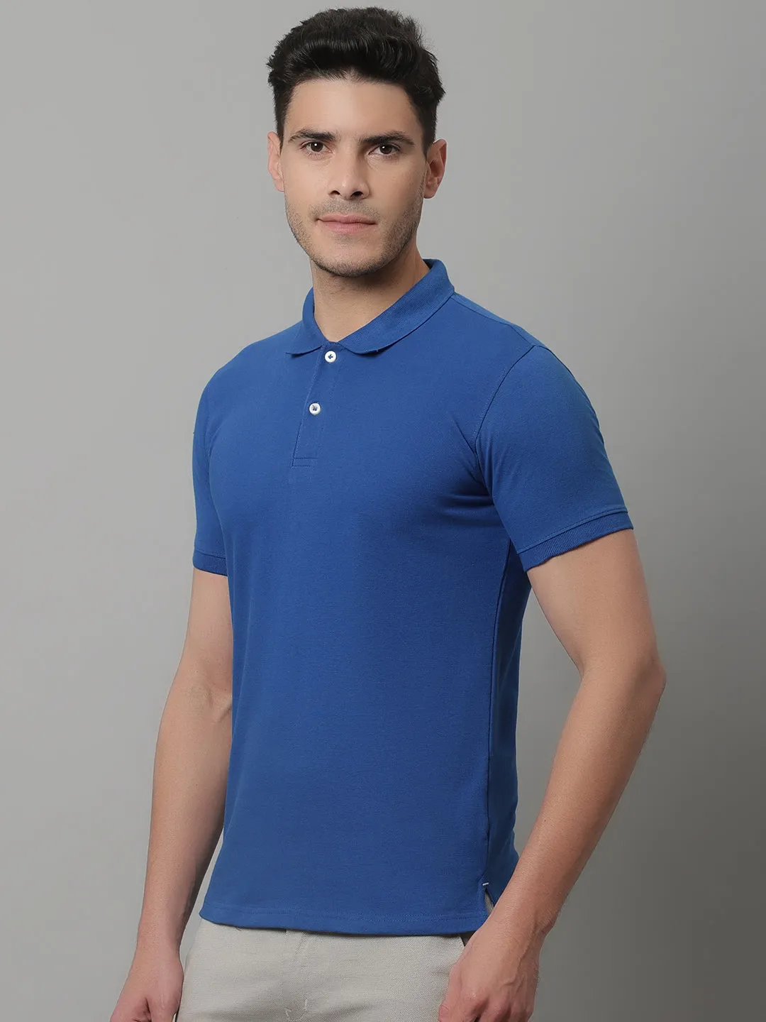 Men Royal Blue Casual Half Sleeves Polo Neck T-Shirt