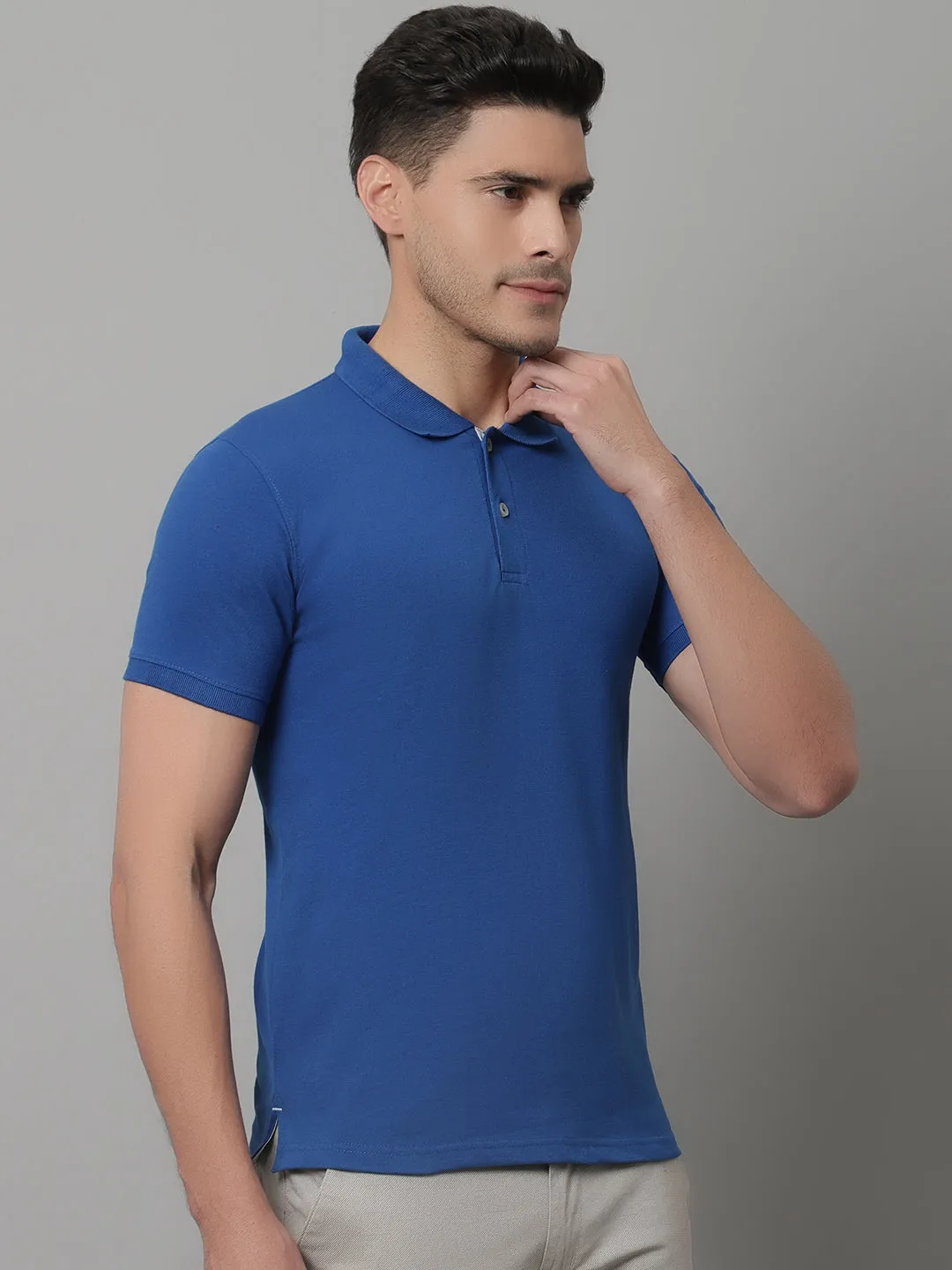 Men Royal Blue Casual Half Sleeves Polo Neck T-Shirt