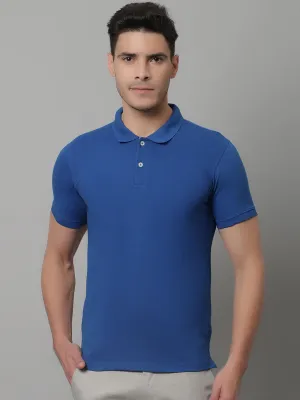 Men Royal Blue Casual Half Sleeves Polo Neck T-Shirt