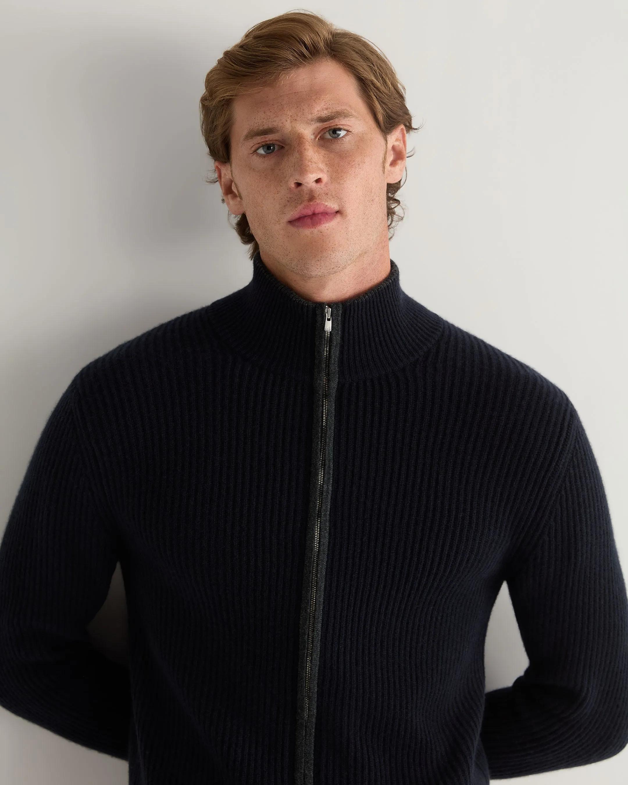 Men's Lambeth Rib Full Zip Cashmere Cardigan Navy Blue