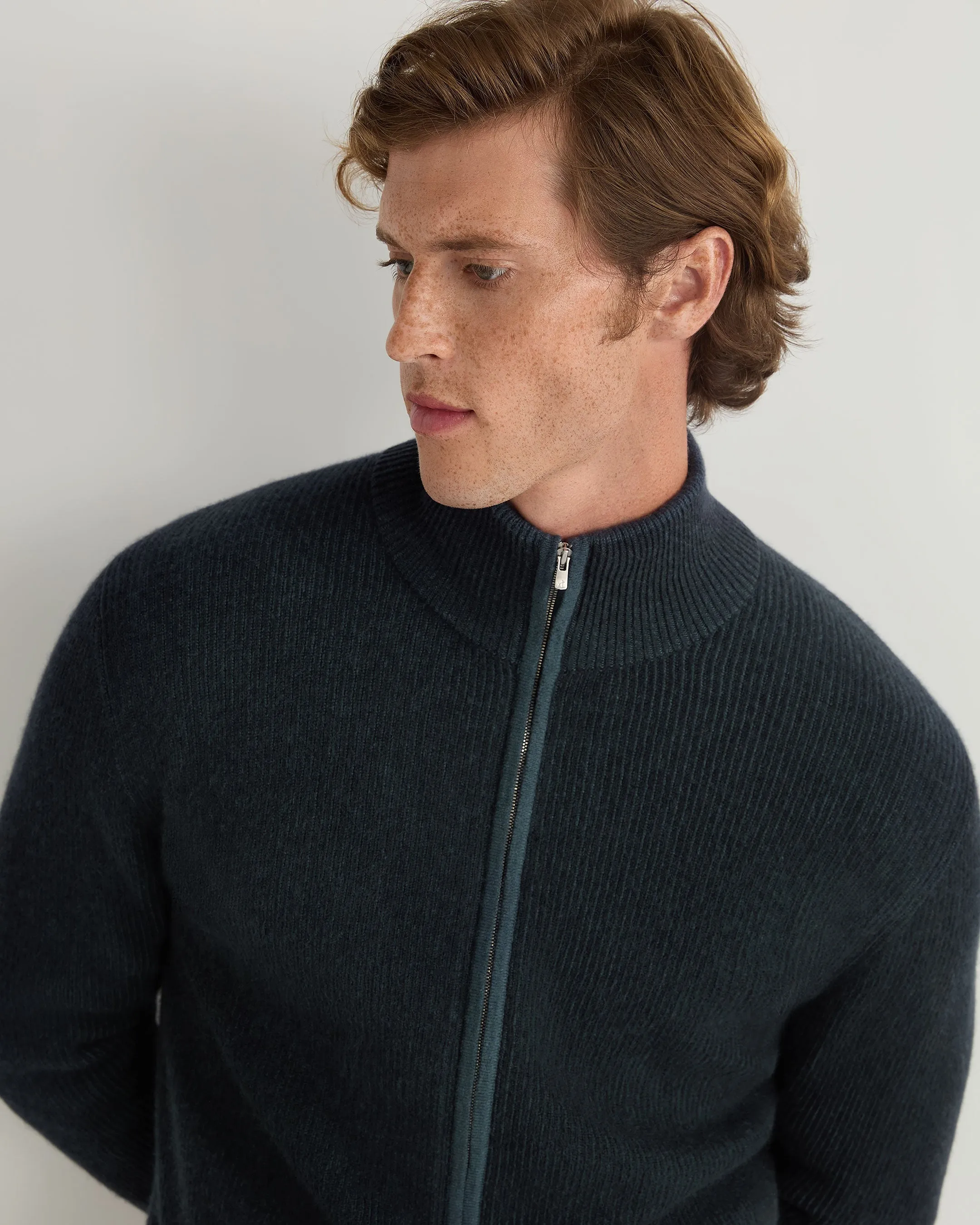 Men's Lambeth Two Tone Rib Full Zip Cashmere Cardigan Navy Blue