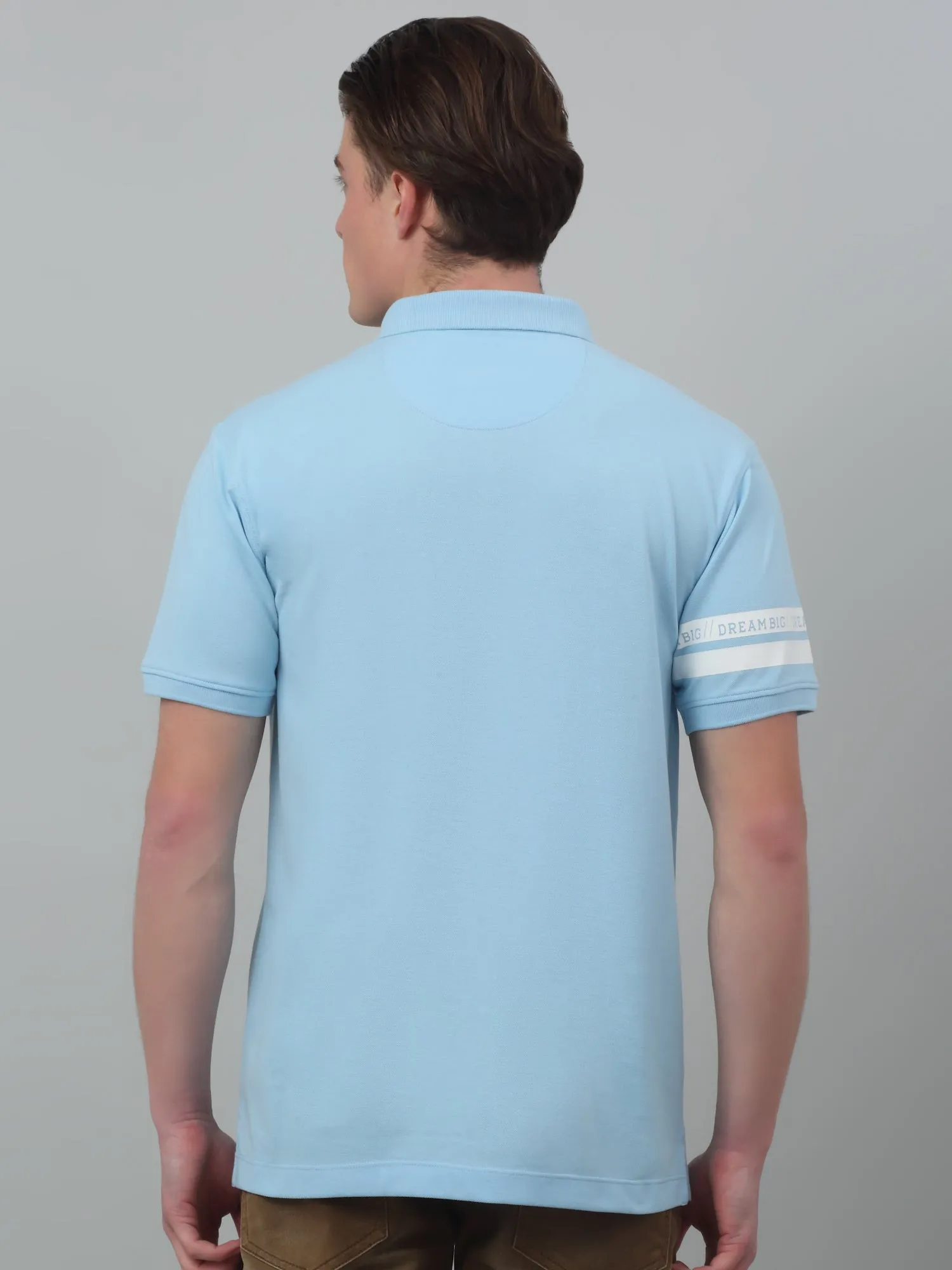 Men's Light Blue Polo neck Half Sleeve T-Shirt with chest & sleeve print