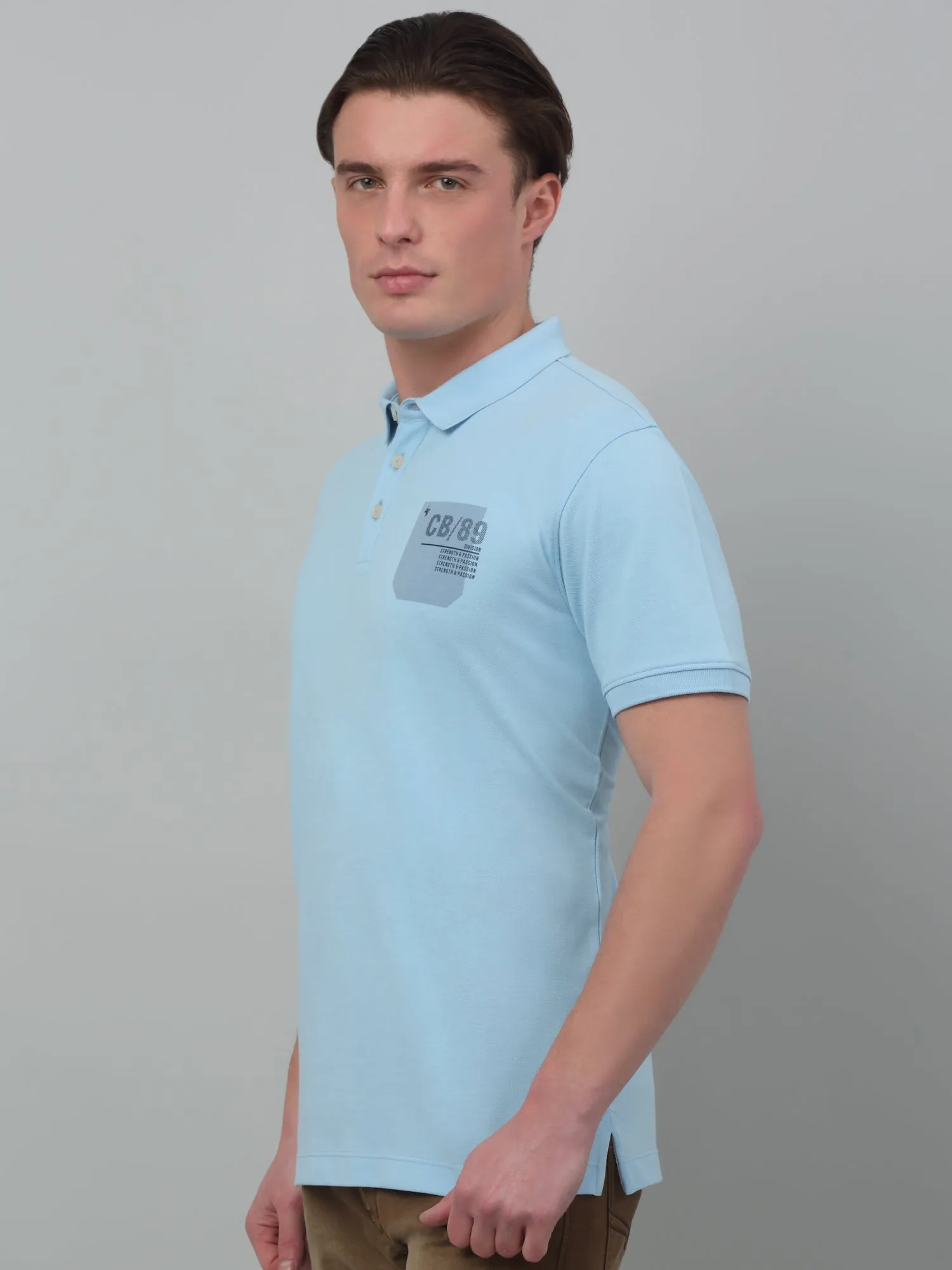 Men's Light Blue Polo neck Half Sleeve T-Shirt with chest & sleeve print