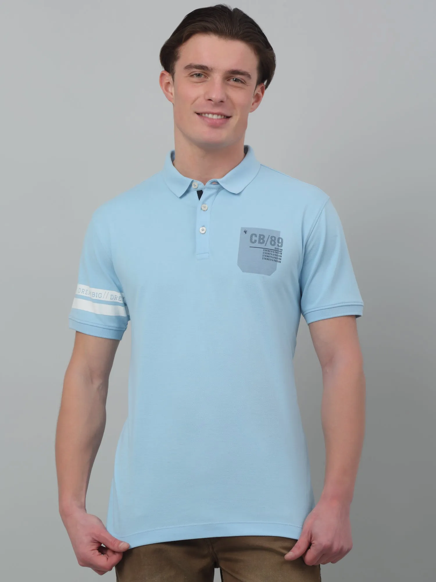 Men's Light Blue Polo neck Half Sleeve T-Shirt with chest & sleeve print