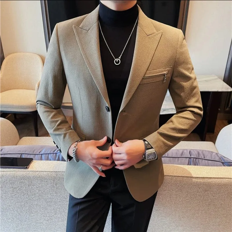 Men's Luxury Slim Fit Blazer: Zipper Design, Casual Office Suit, Social, Wedding, Party, Groom Dress Coat