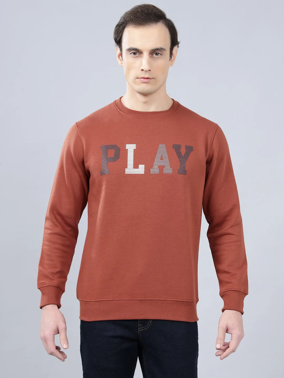 Men's Typography Printed Rust Round Neck Sweatshirt