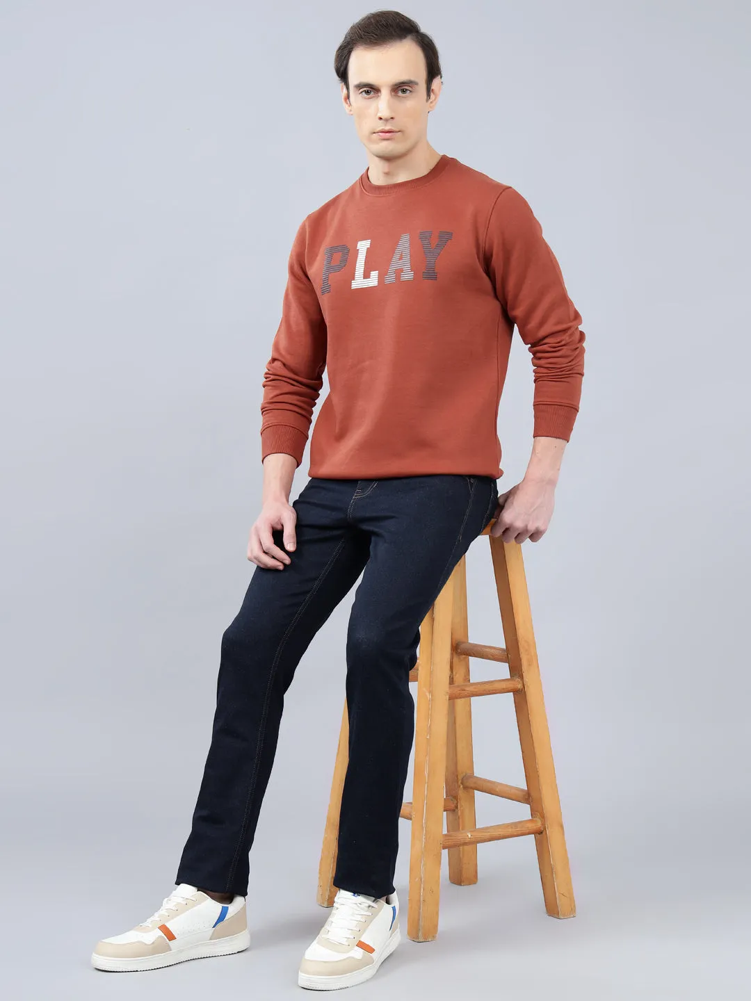 Men's Typography Printed Rust Round Neck Sweatshirt