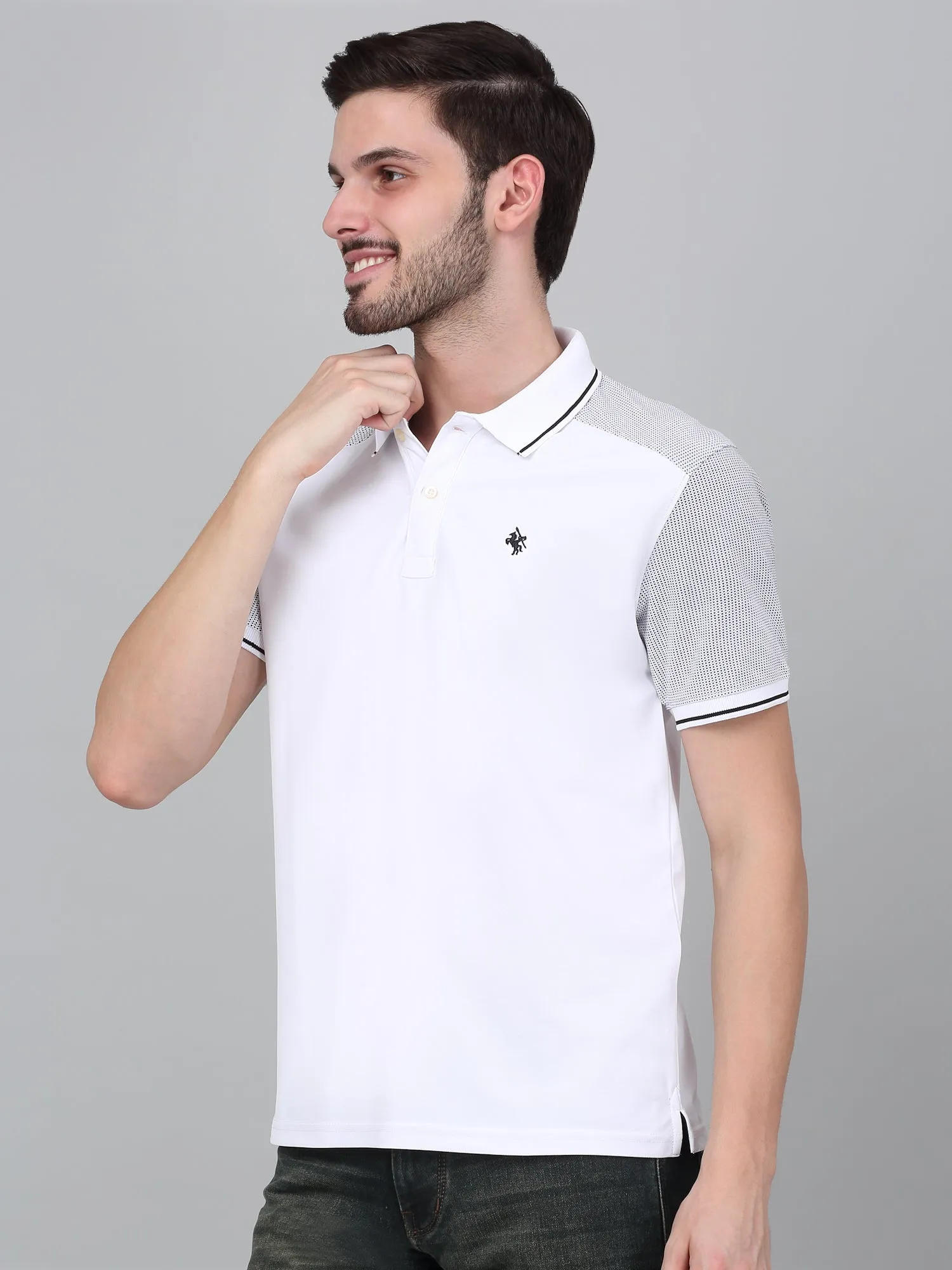 Men's White Color block hybrid Polo neck Half Sleeve T-Shirt with contrast back yoke