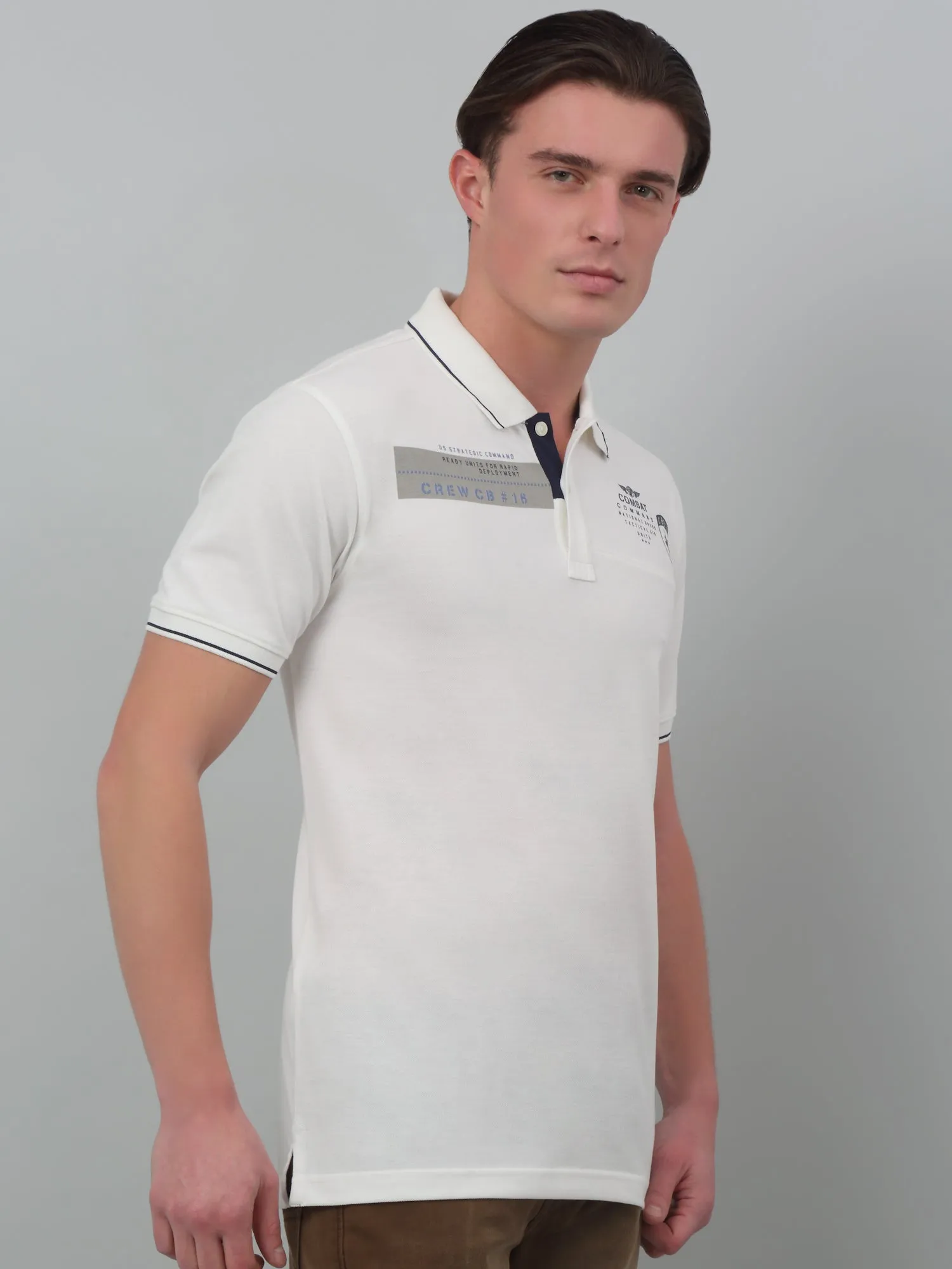 Men's White  Polo neck Half Sleeve T-Shirt with print