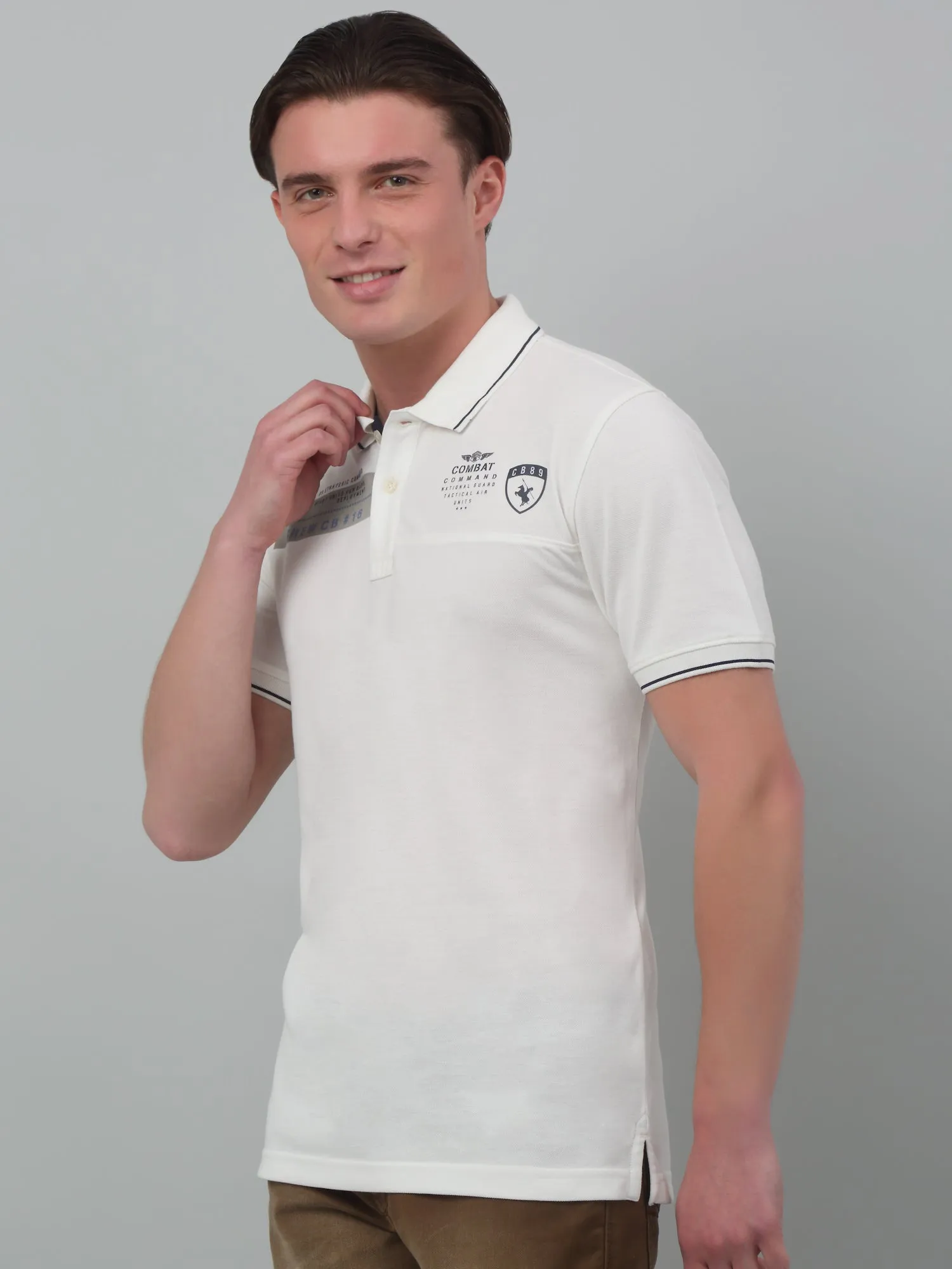 Men's White  Polo neck Half Sleeve T-Shirt with print