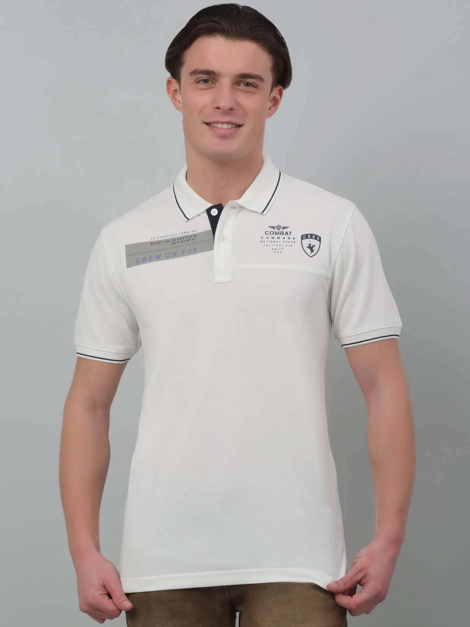 Men's White  Polo neck Half Sleeve T-Shirt with print