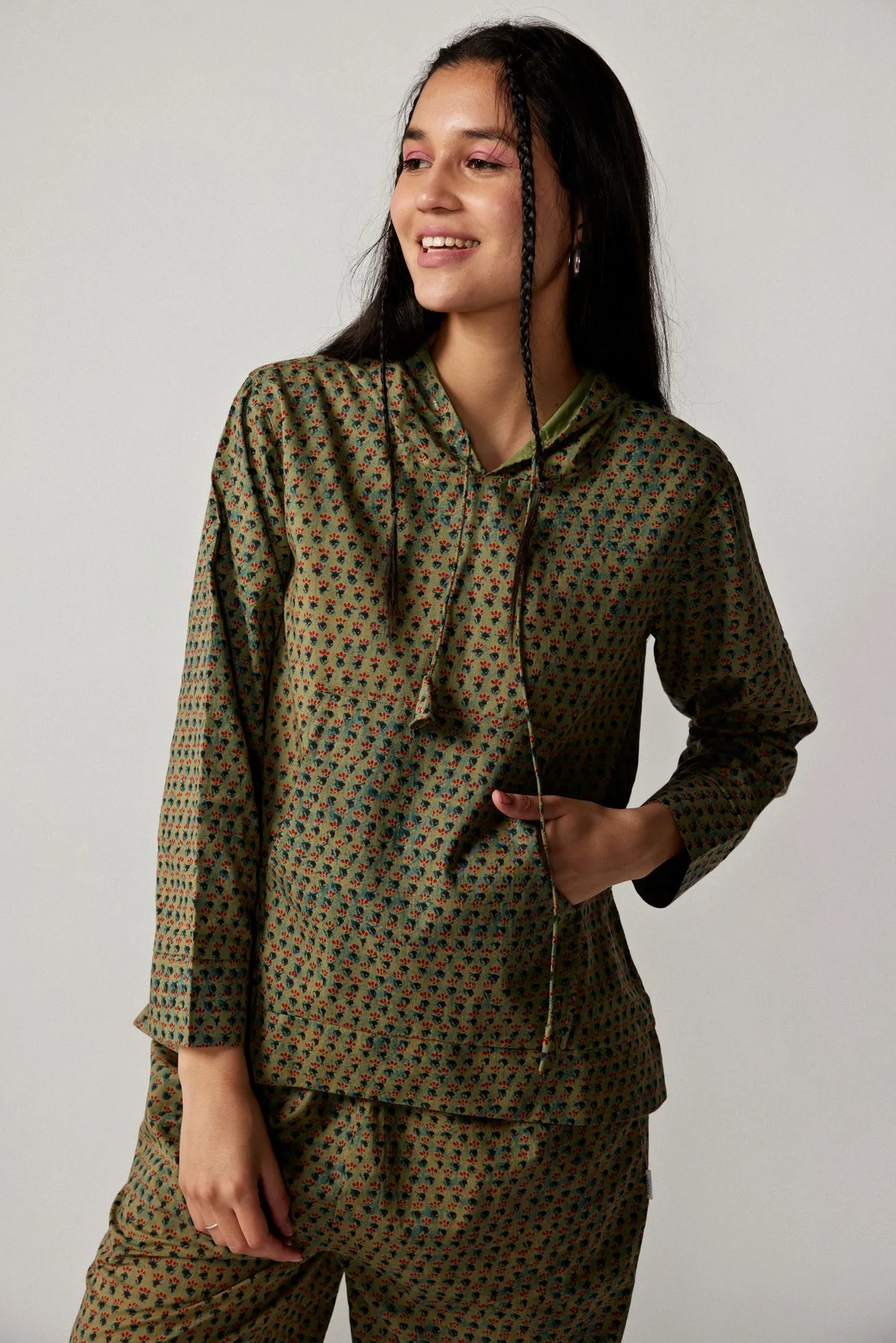 Midnight Motifs on Green Cotton Hoodie Set