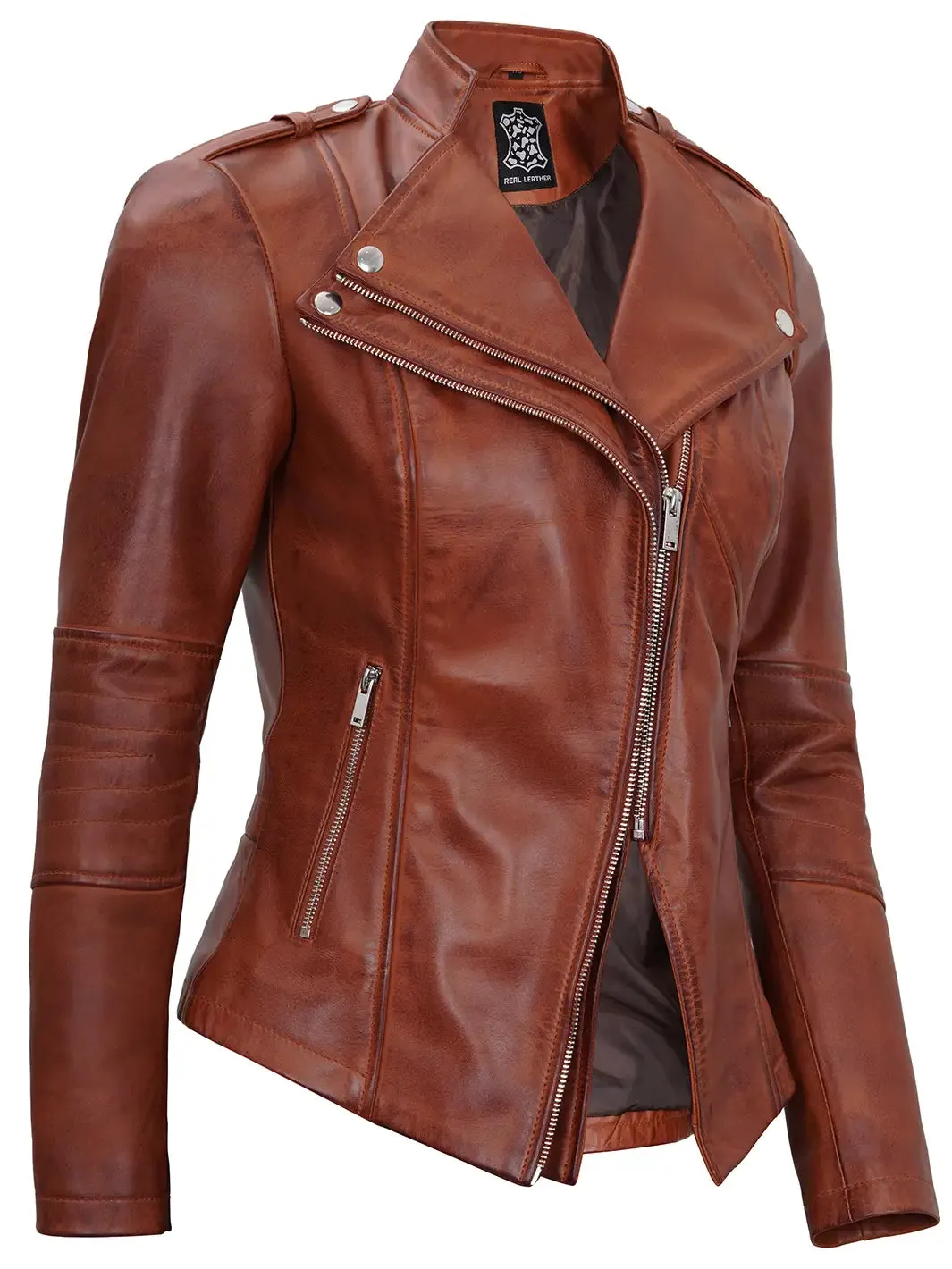 Monica Womens Cognac Asymmetrical Cafe Racer Leather Jacket