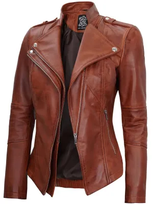 Monica Womens Cognac Asymmetrical Cafe Racer Leather Jacket