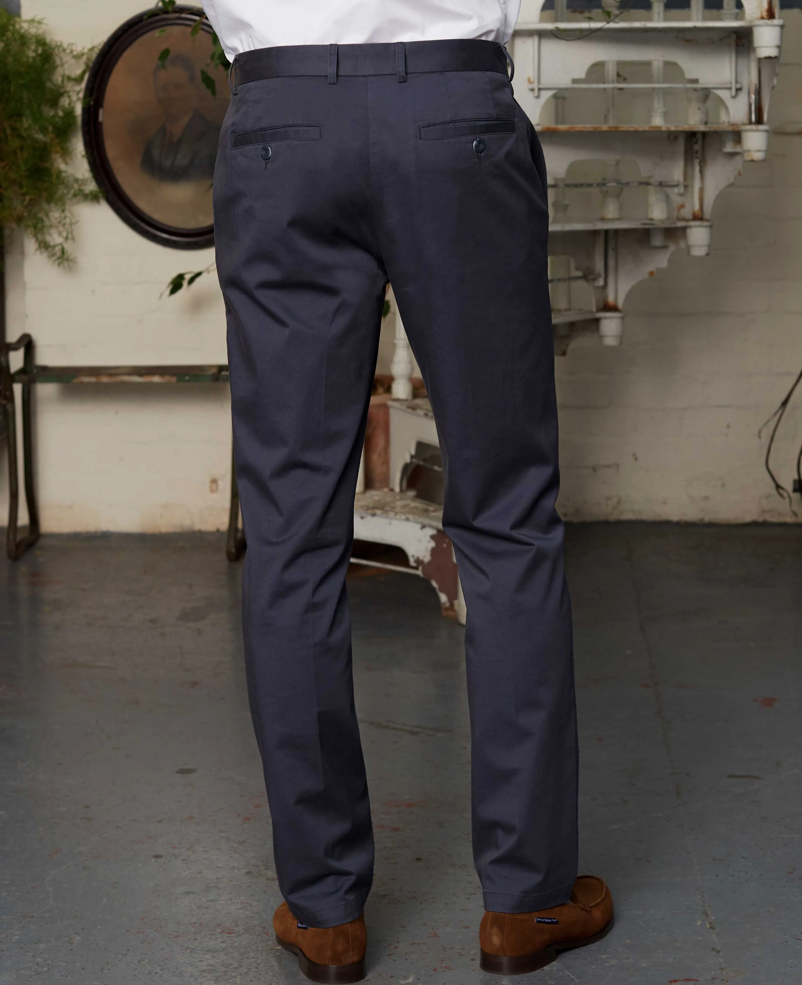 Navy Stretch Cotton Classic Fit Flat Front Chinos