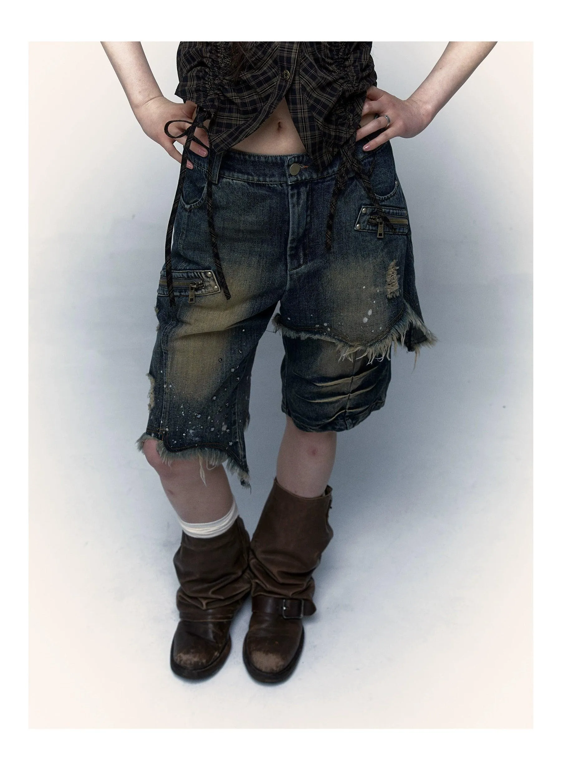 No Romance Asymmetrical Distressed Denim Shorts - Unisex Grunge Ripped Jean Capris With Paint Splatter