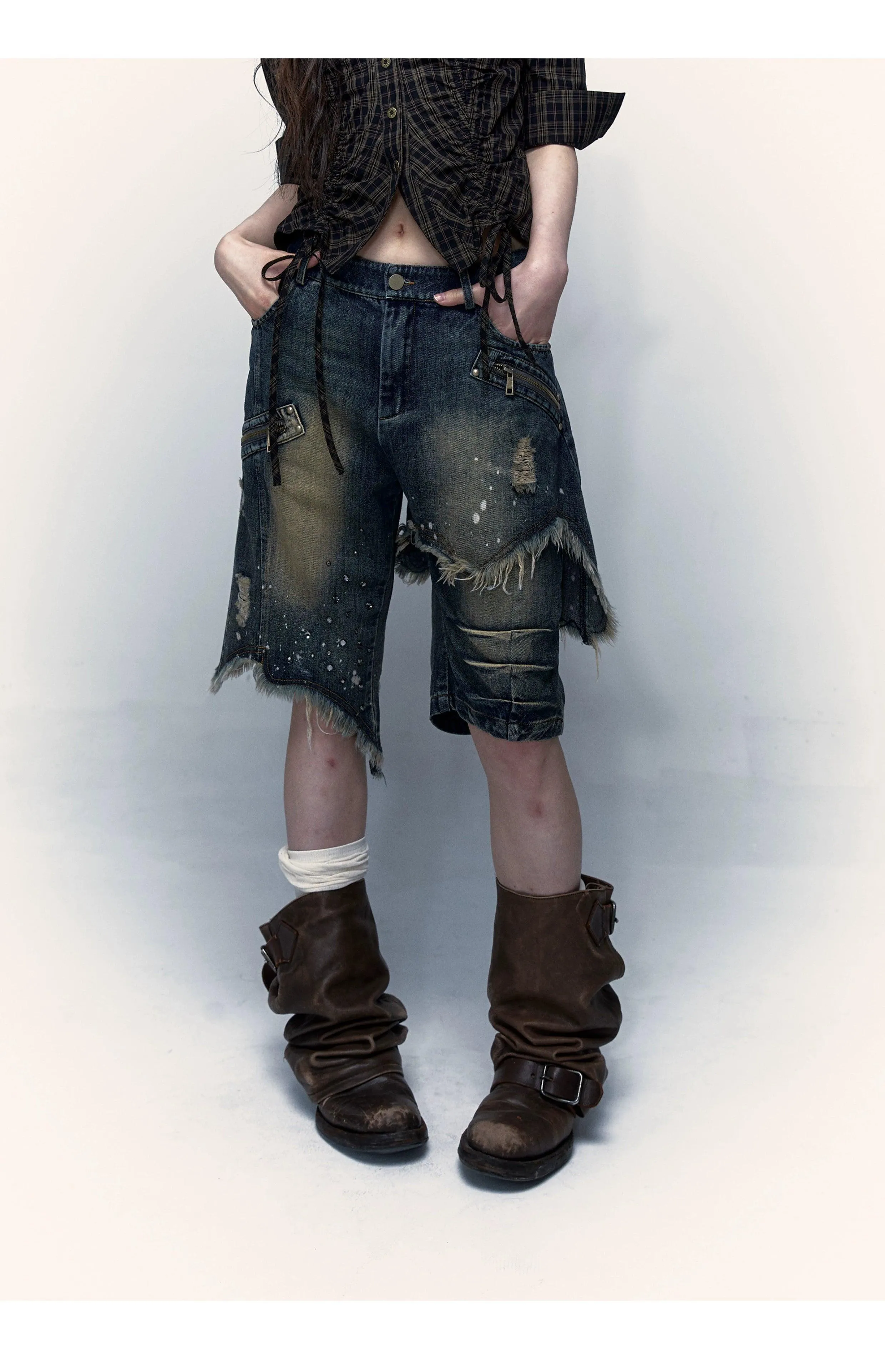 No Romance Asymmetrical Distressed Denim Shorts - Unisex Grunge Ripped Jean Capris With Paint Splatter