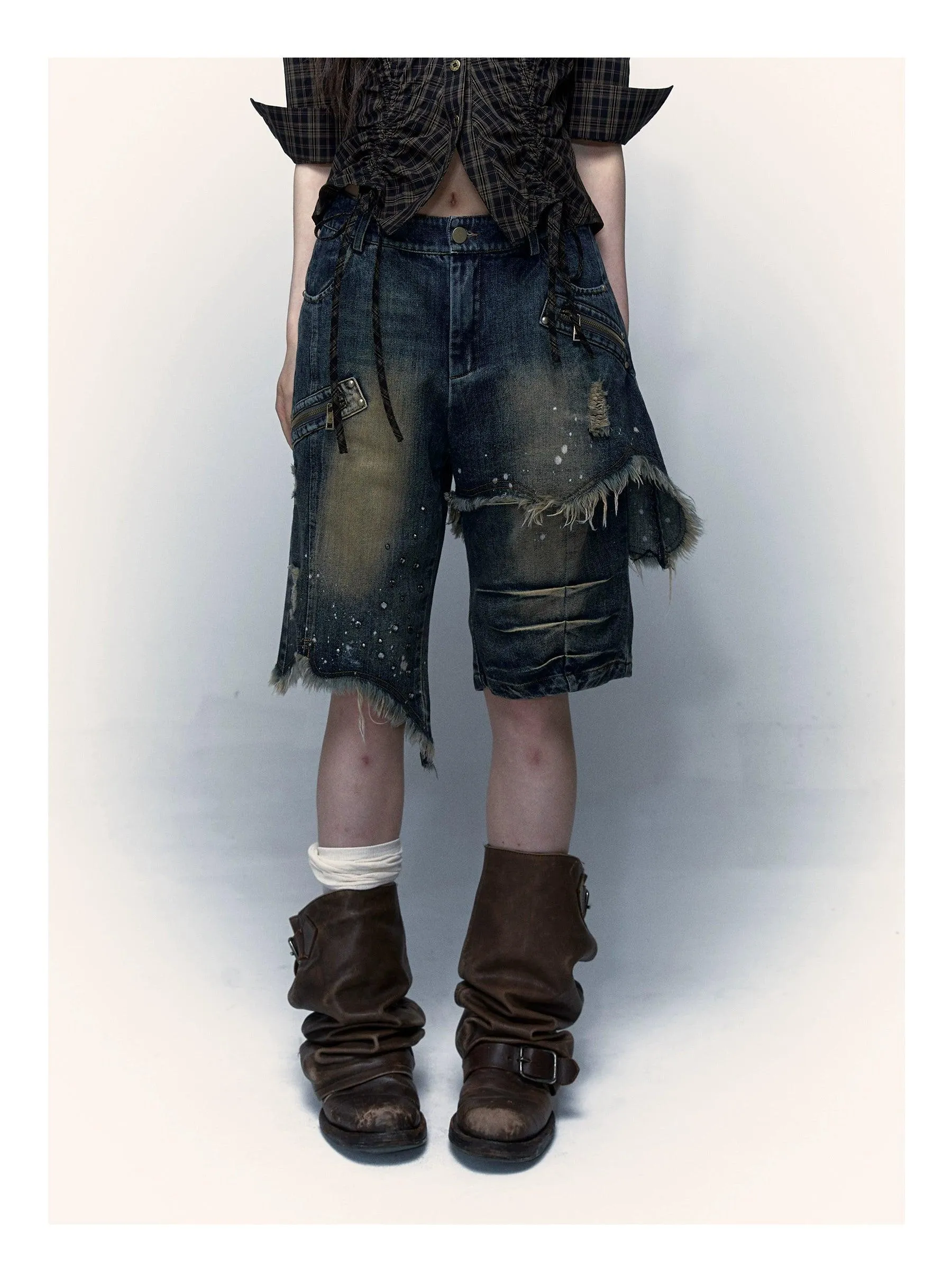 No Romance Asymmetrical Distressed Denim Shorts - Unisex Grunge Ripped Jean Capris With Paint Splatter