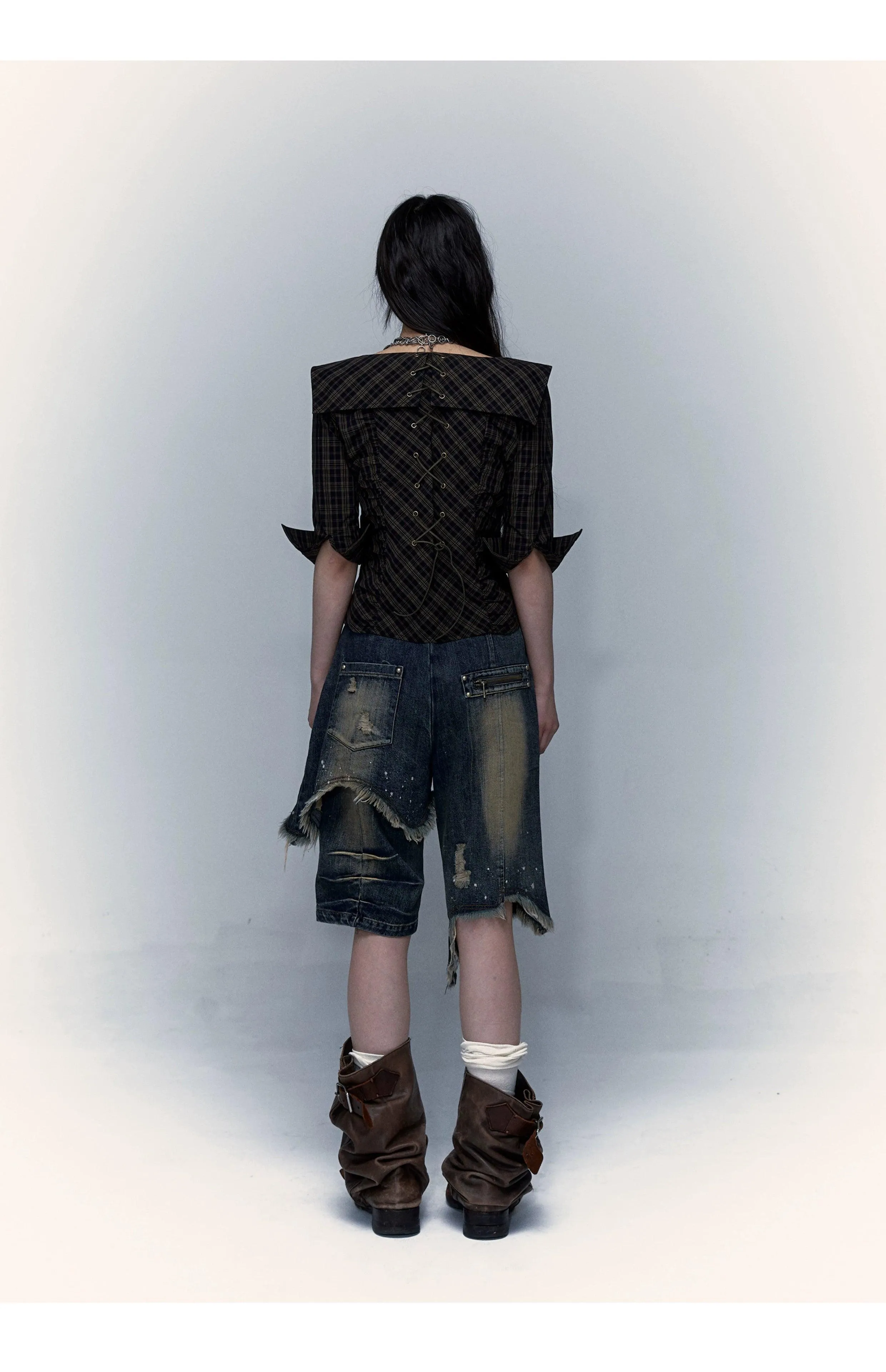 No Romance Asymmetrical Distressed Denim Shorts - Unisex Grunge Ripped Jean Capris With Paint Splatter