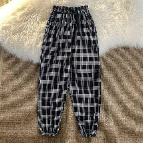 Pants Women New Bunch Of Feet Fashion Plus Size Black Plaid Summer