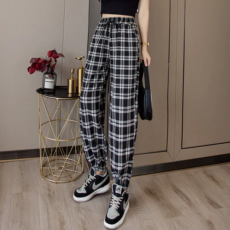 Pants Women New Bunch Of Feet Fashion Plus Size Black Plaid Summer