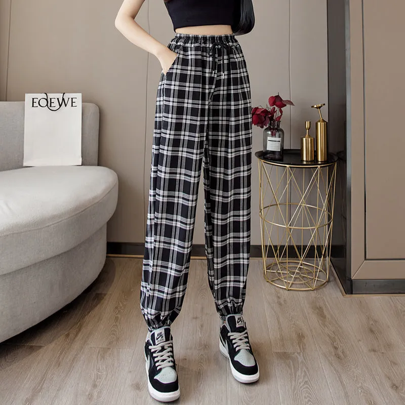 Pants Women New Bunch Of Feet Fashion Plus Size Black Plaid Summer