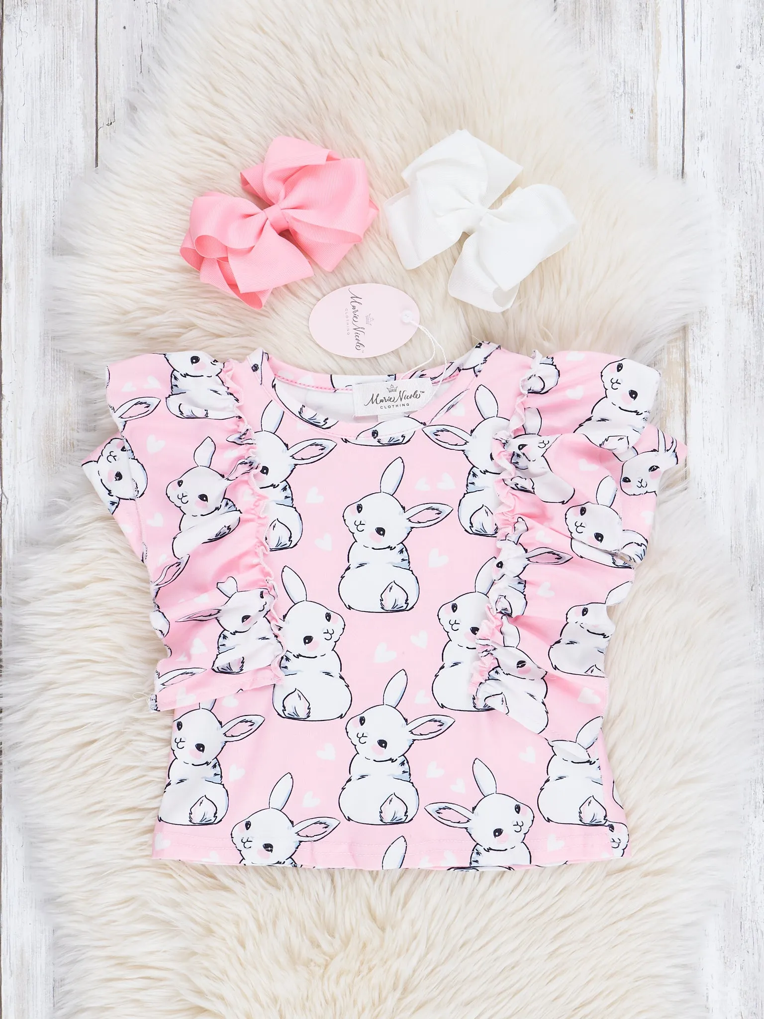 Pink Bunny Ruffle Top & Denim Overall Set