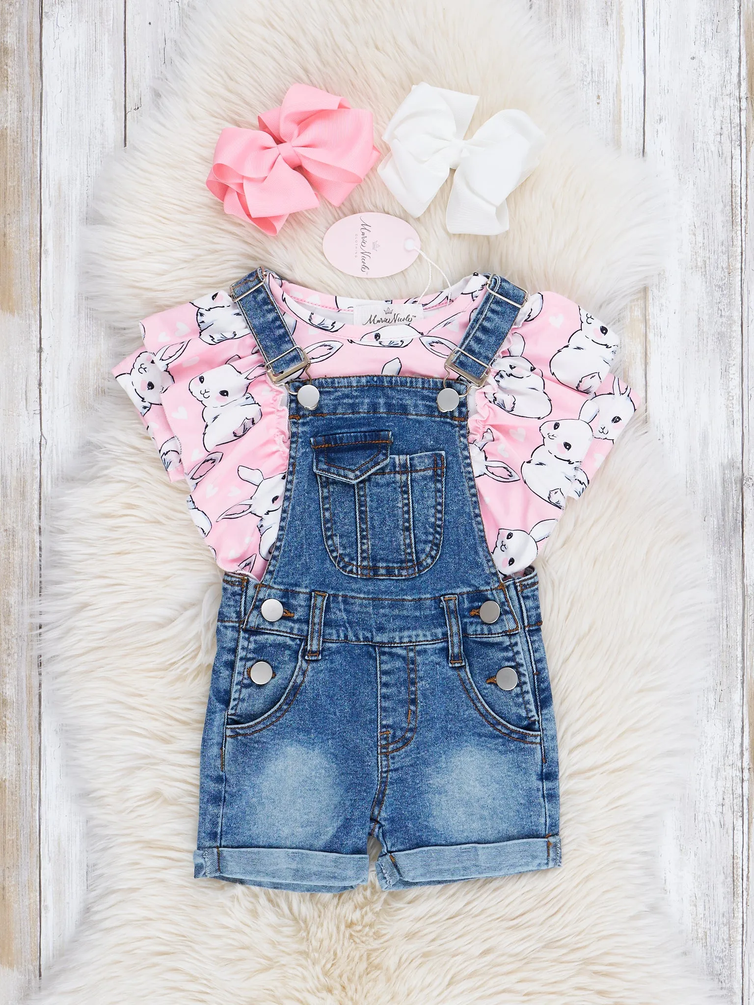 Pink Bunny Ruffle Top & Denim Overall Set