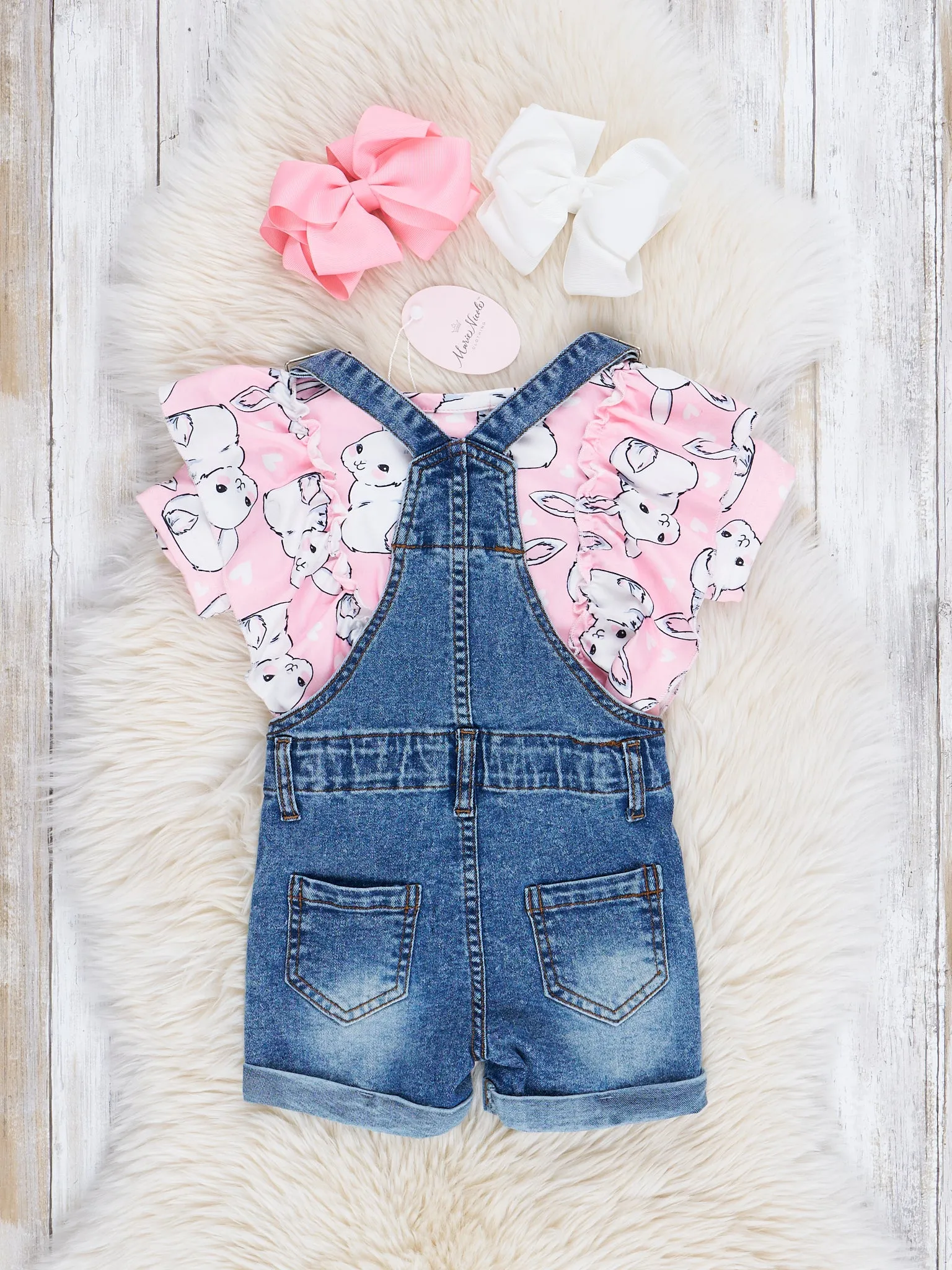 Pink Bunny Ruffle Top & Denim Overall Set