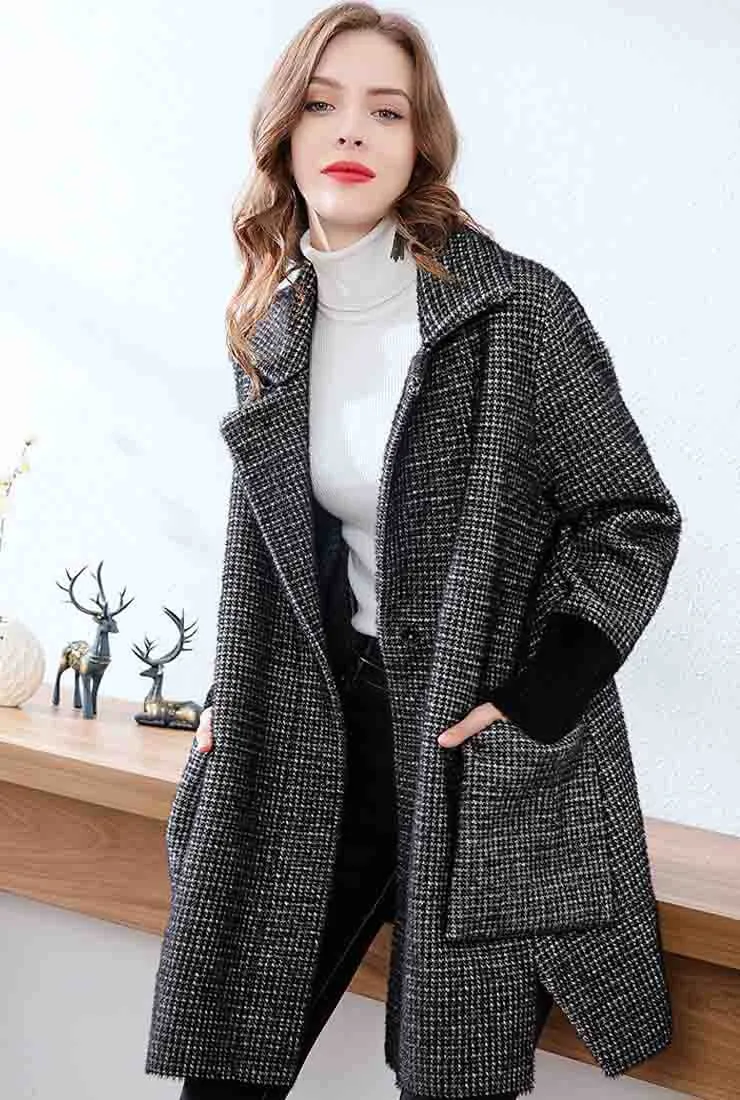 Plaid Loose Long Sleeve Lapel Mid-length Coat