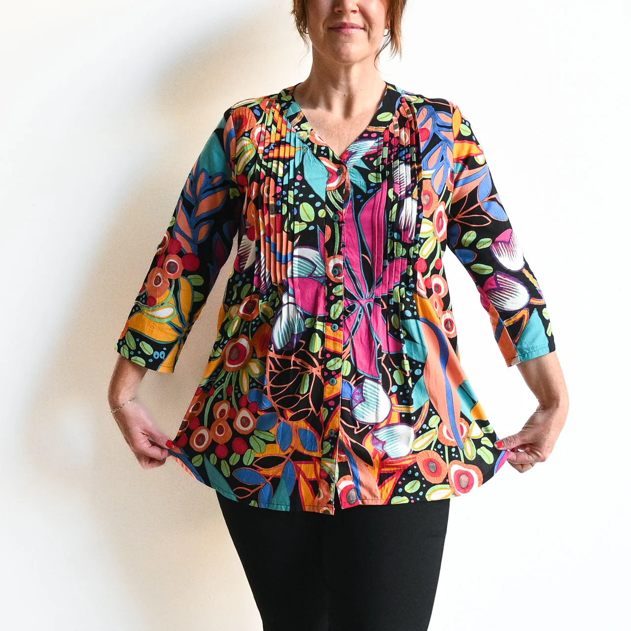 Pleat Button-Through Tunic Blouse by Orientique Australia - Copacabana - 62666