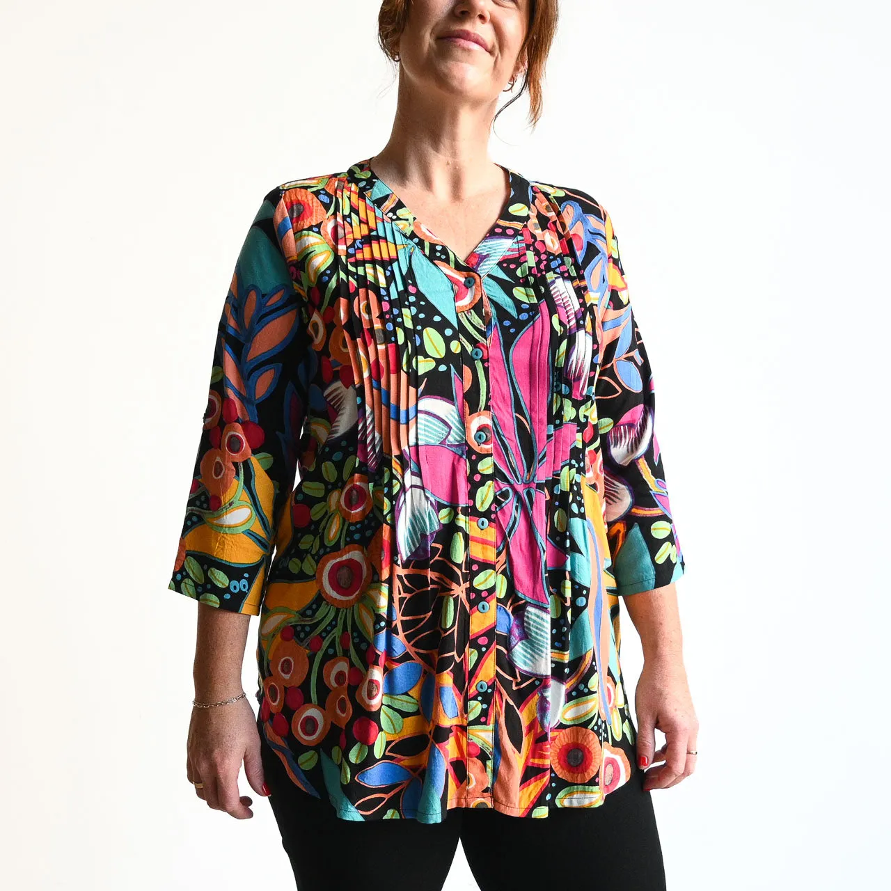 Pleat Button-Through Tunic Blouse by Orientique Australia - Copacabana - 62666