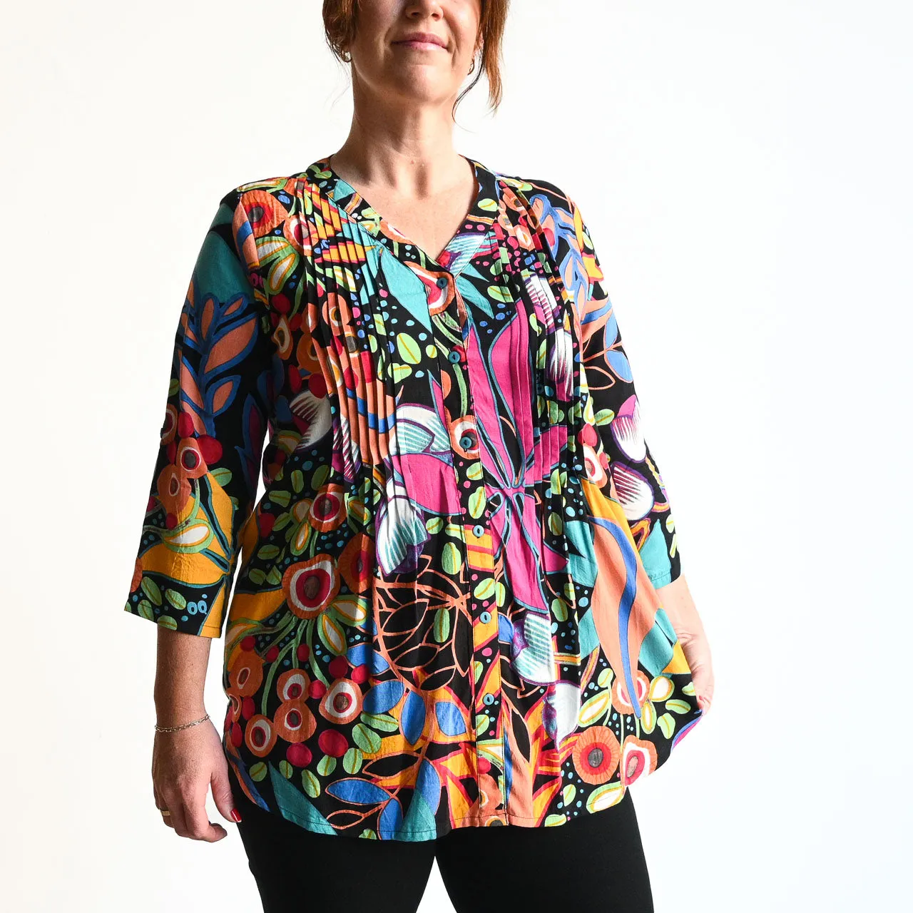 Pleat Button-Through Tunic Blouse by Orientique Australia - Copacabana - 62666