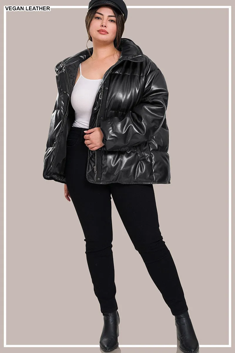 Plus Dash Of Black Vegan Leather Puffer Jacket