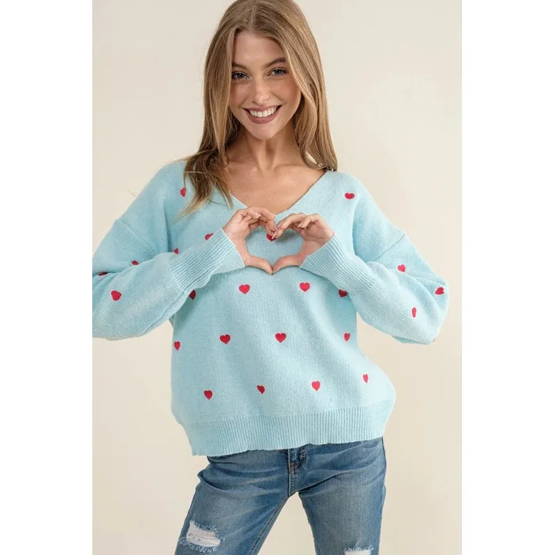 Plus Size Heart Pattern Boxy Knit Pullover Sweater Light Blue