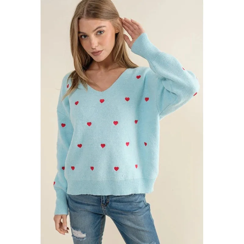 Plus Size Heart Pattern Boxy Knit Pullover Sweater Light Blue