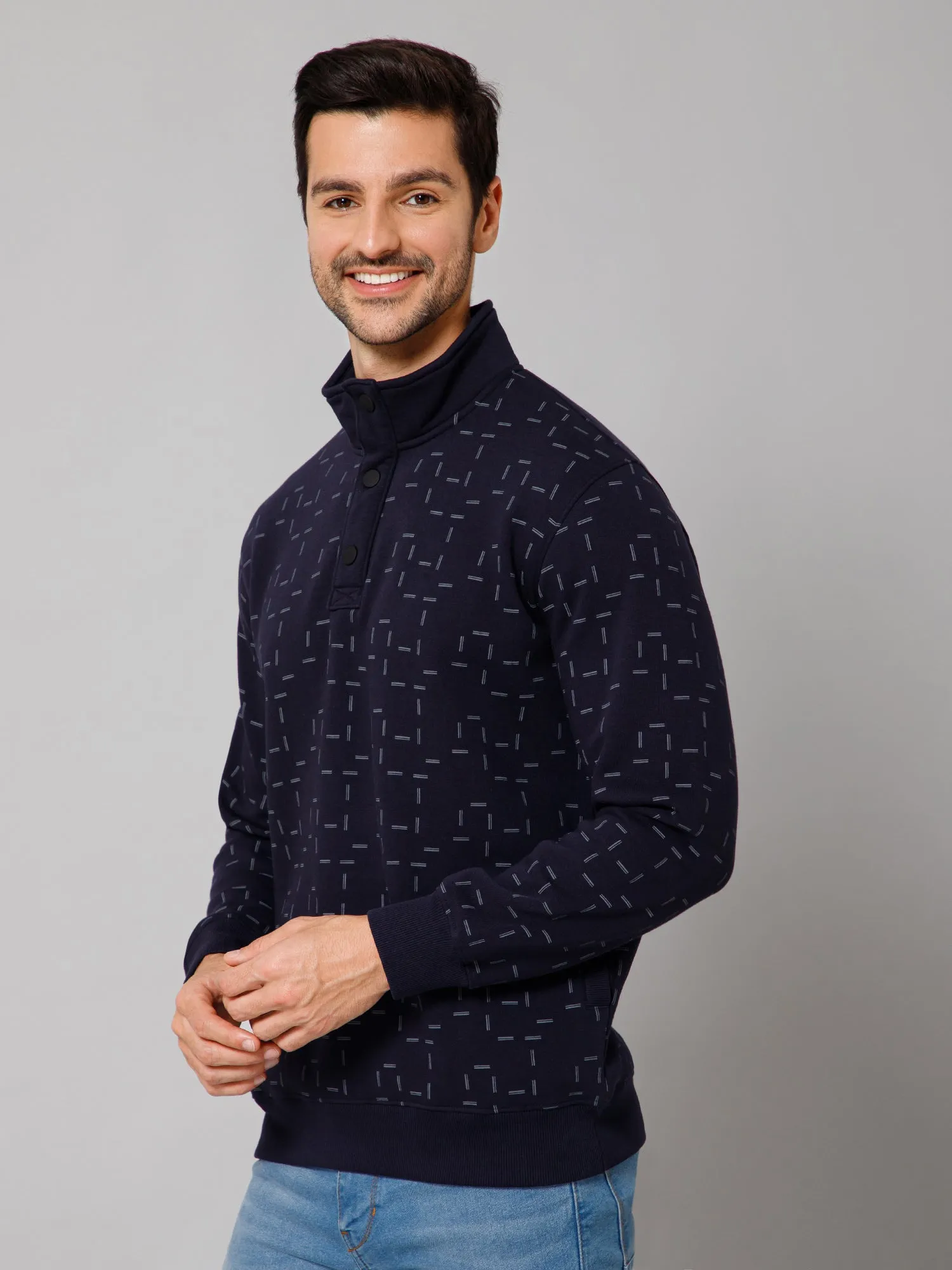 Printed Navy Blue Full Sleeves Mock Collar Regular Fit Casual Sweatshirt for Men