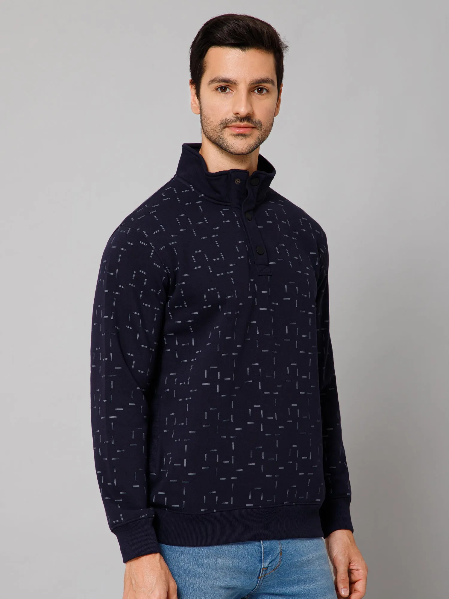 Printed Navy Blue Full Sleeves Mock Collar Regular Fit Casual Sweatshirt for Men