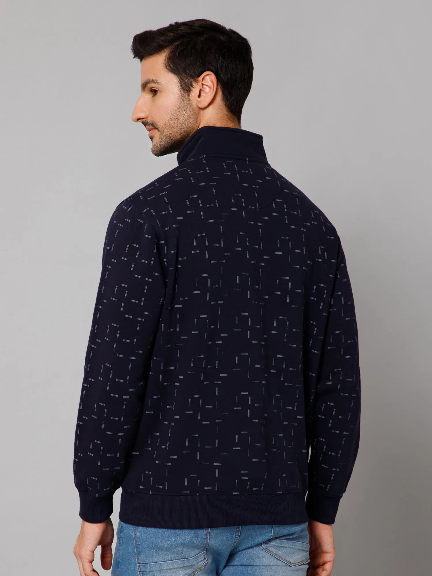 Printed Navy Blue Full Sleeves Mock Collar Regular Fit Casual Sweatshirt for Men