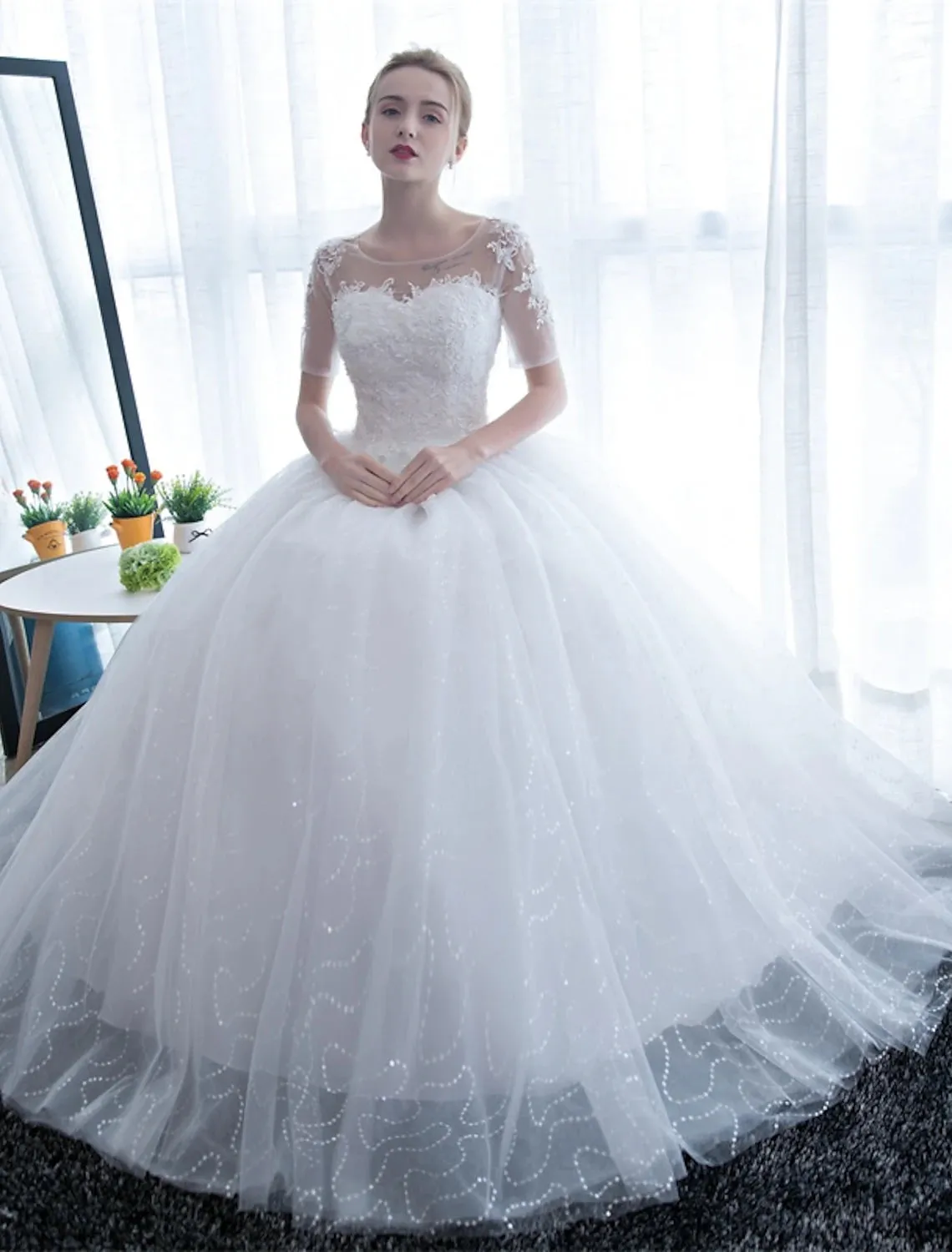 Reception Formal Wedding Dresses Ball Gown Illusion Neck Half Sleeve Floor Length Satin Bridal Gowns With Lace 2023 Summer Wedding Party