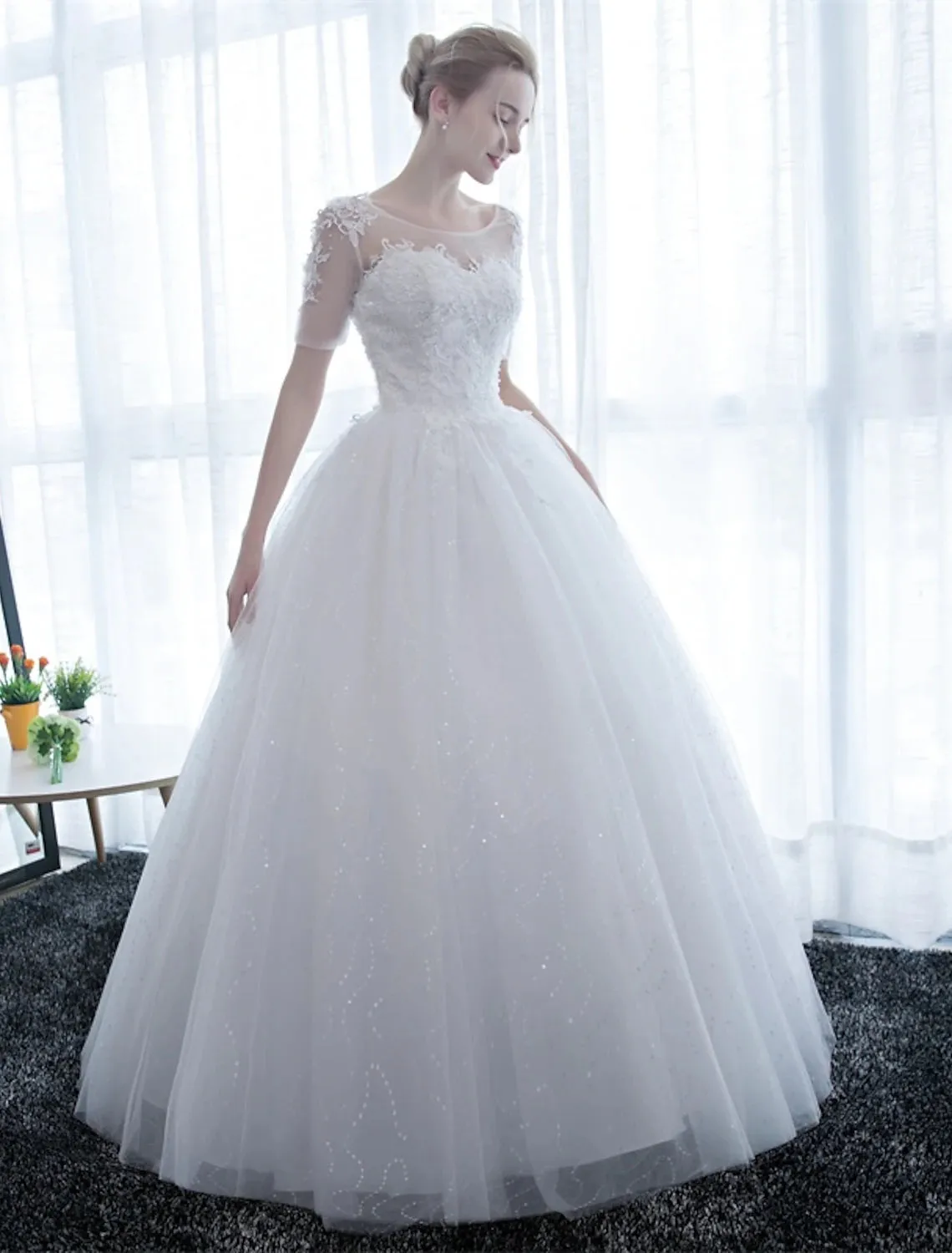 Reception Formal Wedding Dresses Ball Gown Illusion Neck Half Sleeve Floor Length Satin Bridal Gowns With Lace 2023 Summer Wedding Party