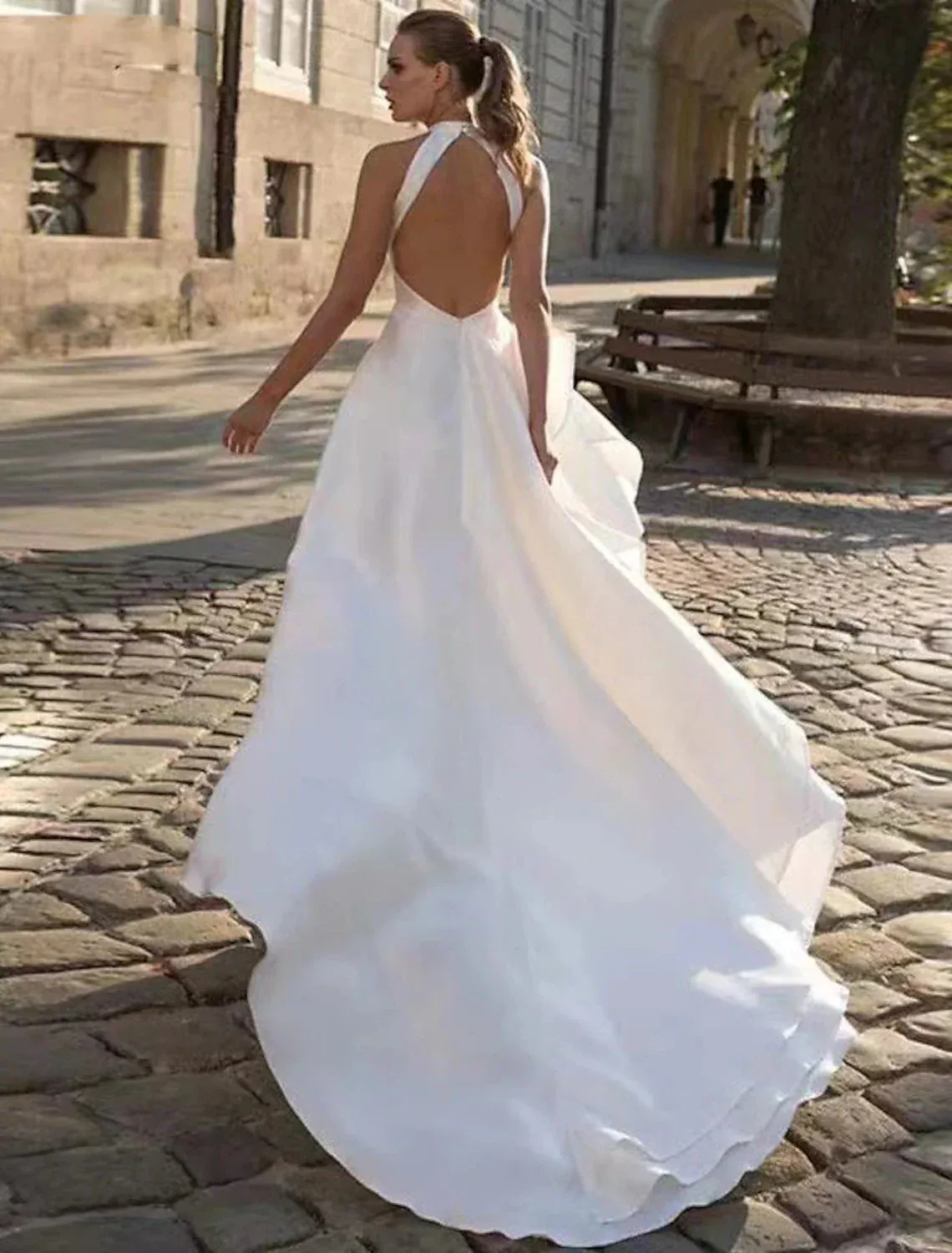 Reception Open Back Casual Wedding Dresses A-Line Halter Sleeveless Court Train Satin Bridal Gowns With Solid Color Summer Fall Wedding Party Women's Clothing