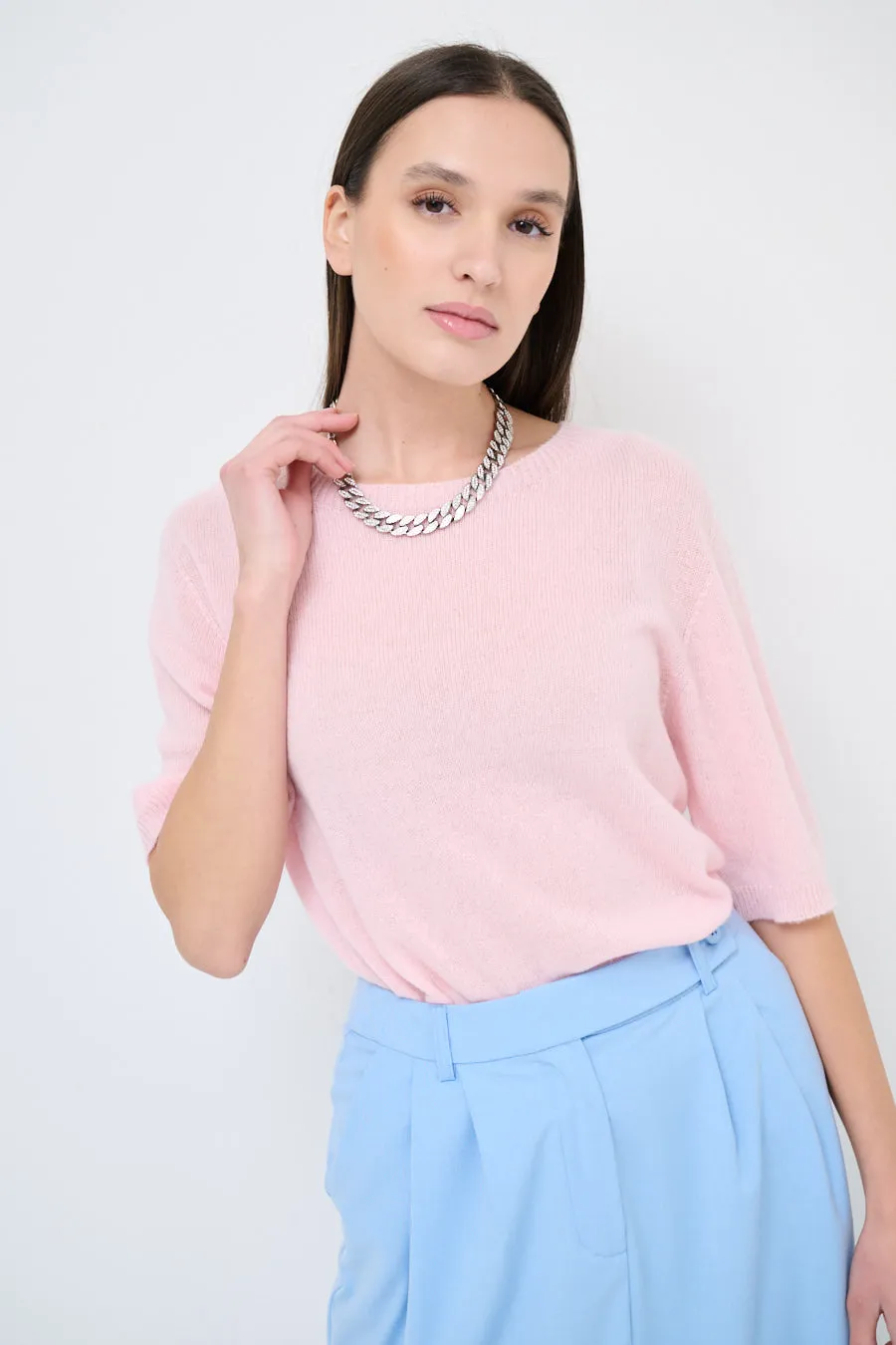 Short-sleeve cashmere knit sweater with crew neck wholesale