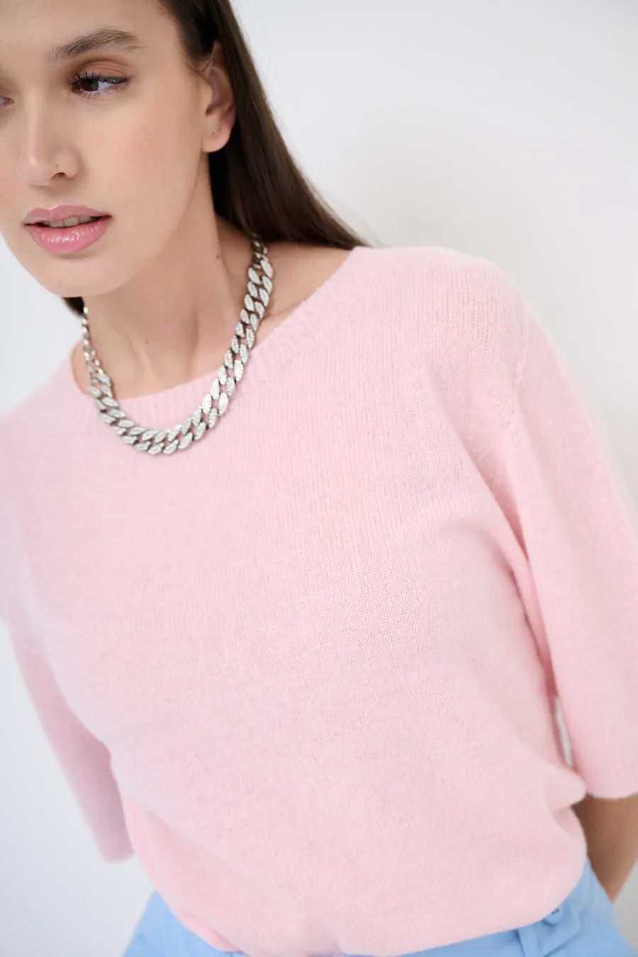 Short-sleeve cashmere knit sweater with crew neck wholesale