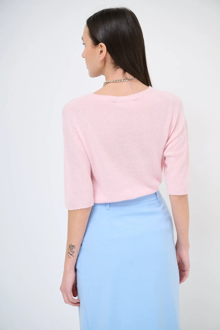 Short-sleeve cashmere knit sweater with crew neck wholesale