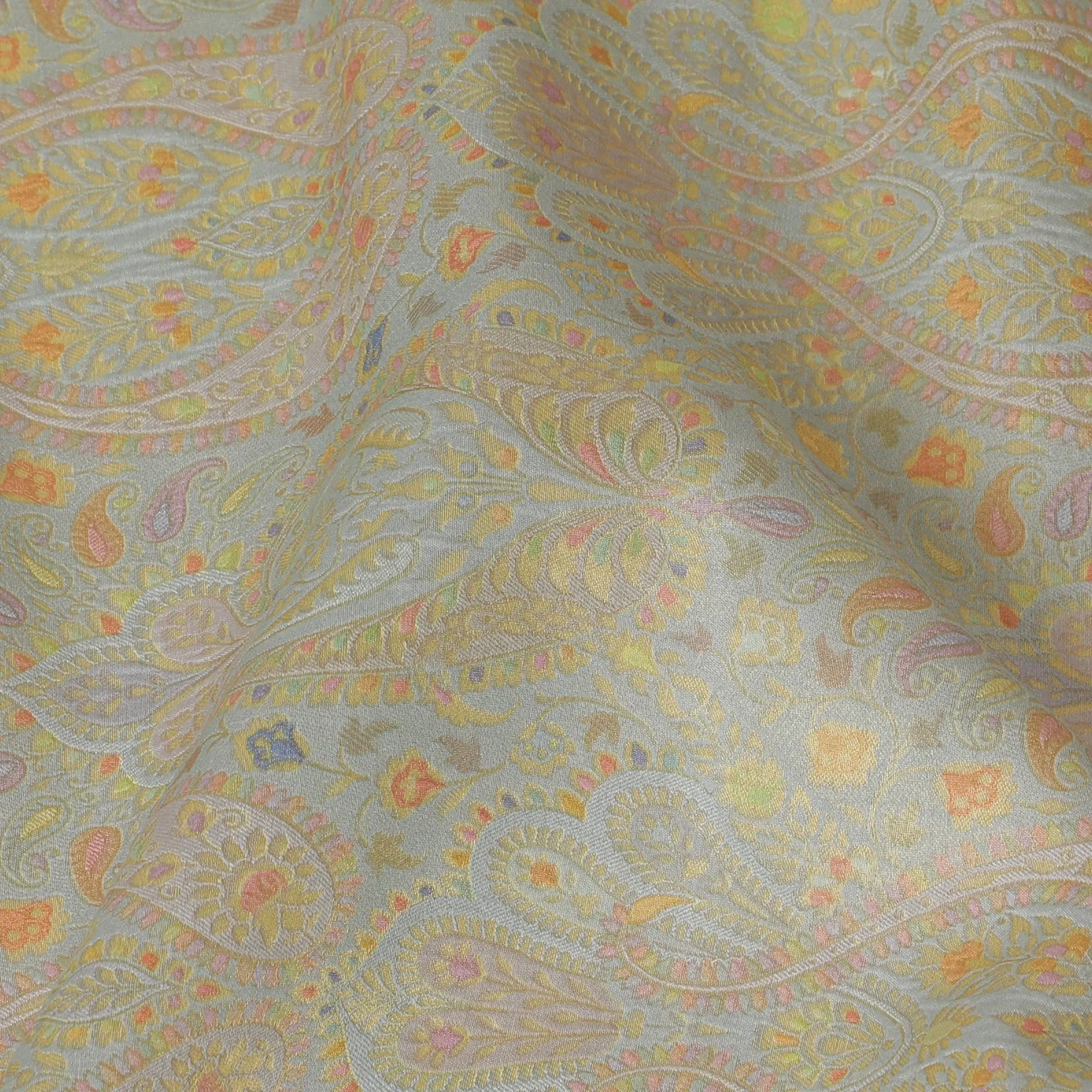 Silk Brocade Fabric with Light Blue and Gold Paisley Design, 110 cm Width, Indian Origin-D19760