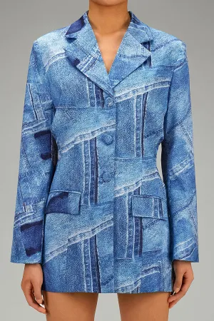 Silky Satin Denim Print Lapel Long Sleeve Button Up Bow Tie Cutout Blazer